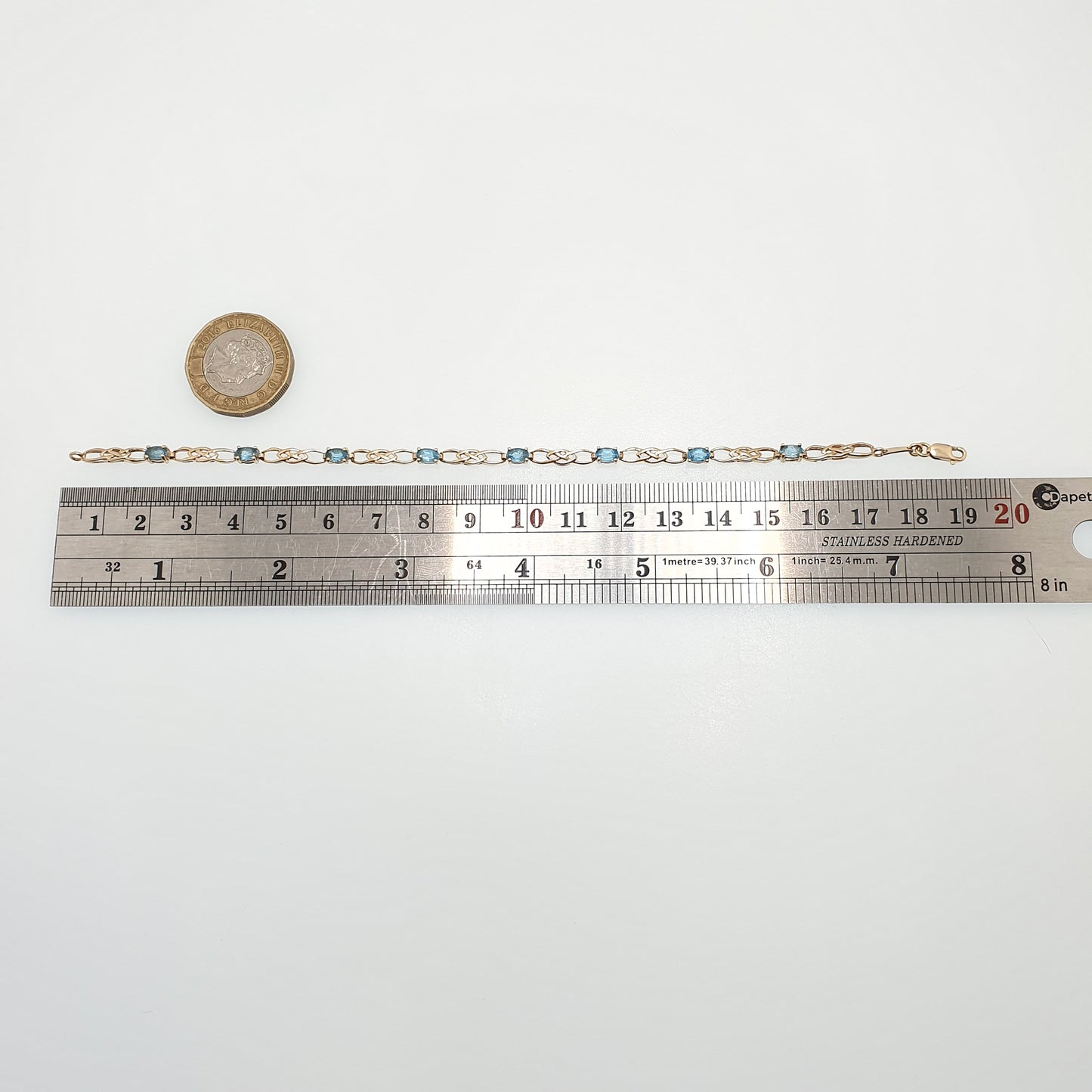 Vintage 9k 9ct Gold Aquamarine Topaz Bracelet Celtic Knot 18.5cm 7.25" 4.04g Hallmarked Solid Gemstone Swiss Blue Womens Jewellery Jewelry