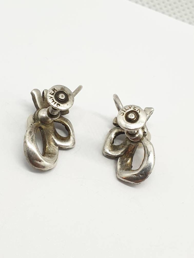 Antique Marcasite & Faux Pearl Screw Back Earrings Ribbon Bow Shape Solid Silver Stamped Sparkly Womens Ladies Jewelry Vintage Jewellery