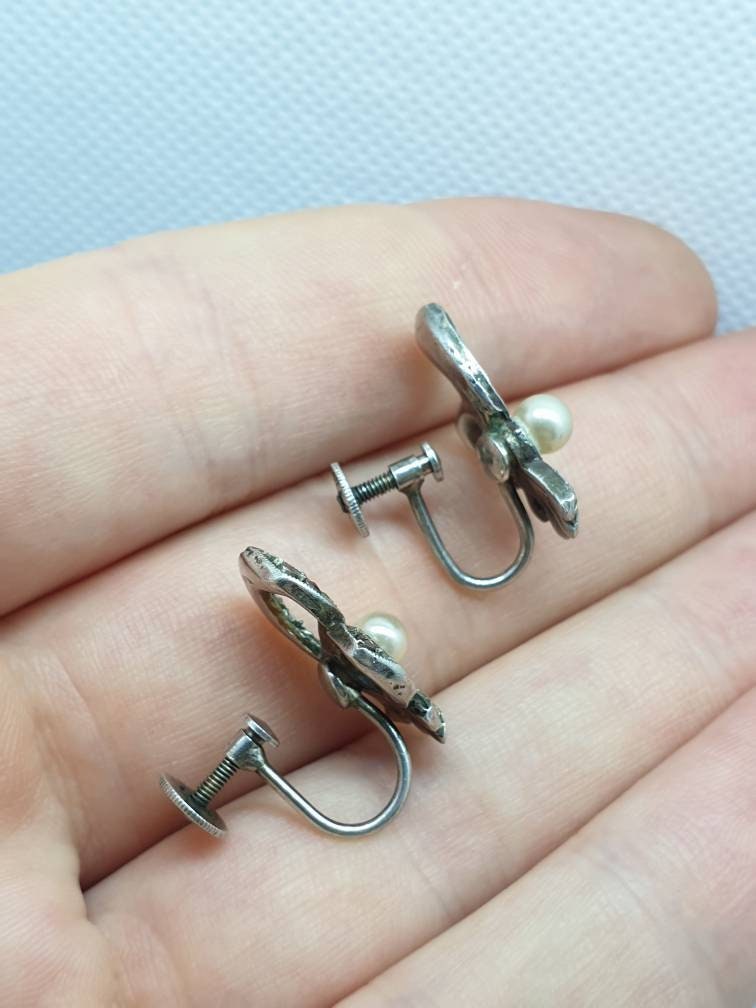 Antique Marcasite & Faux Pearl Screw Back Earrings Ribbon Bow Shape Solid Silver Stamped Sparkly Womens Ladies Jewelry Vintage Jewellery