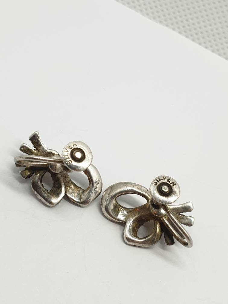 Antique Marcasite & Faux Pearl Screw Back Earrings Ribbon Bow Shape Solid Silver Stamped Sparkly Womens Ladies Jewelry Vintage Jewellery