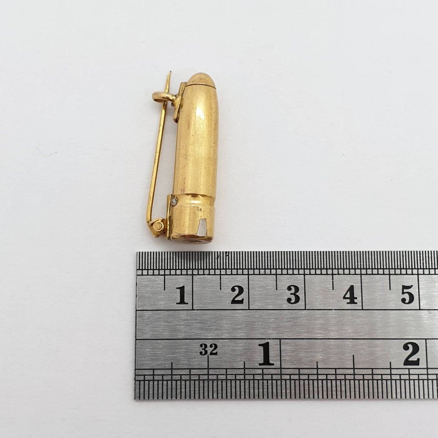 Antique Gold Tone Bullet Brooch Pin .30cal Round War Head FMJ Heavy Lead Mens Unisex Womens Jewelry Jewellery Old Vintage Large Caliber