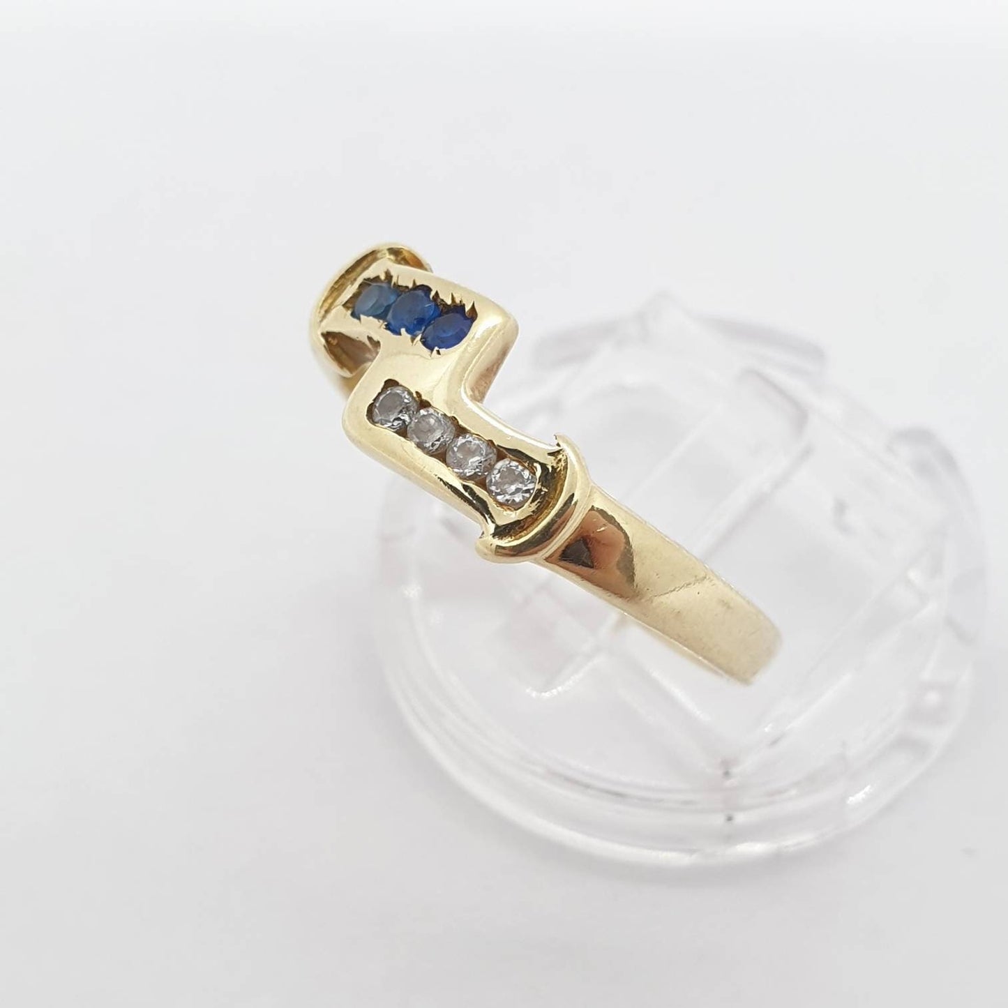 Vintage 14k 14ct Sapphire CZ Ring Solid 585 Crossover Blue & White Gemstones Yellow Gold Ladies Womens Jewelry Jewellery UKQ.5 US8.5