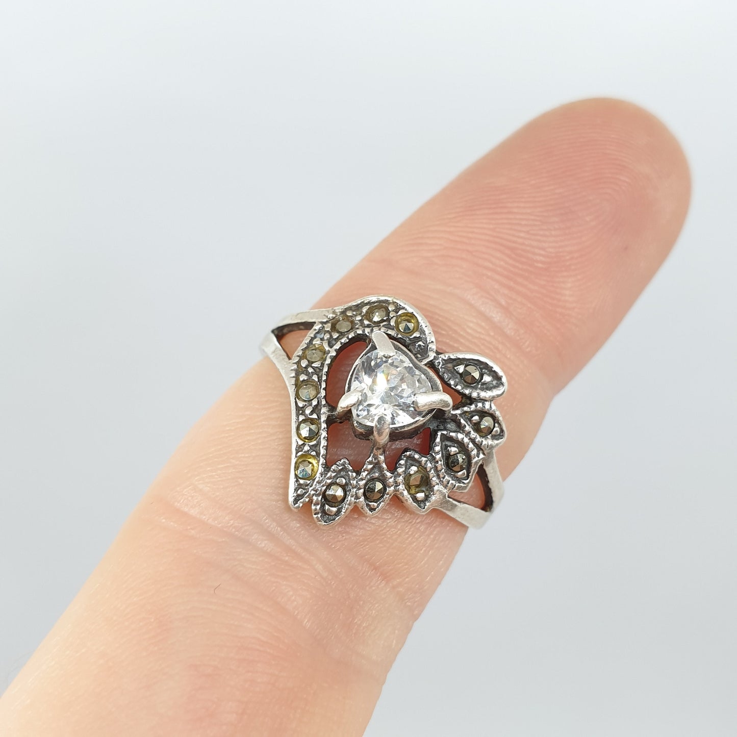 Vintage Sterling Silver Heart Ring CZ & Marcasite Love Heart Shape Cut Large Sparkly Solid 925 Womens Jewelry Retro Jewellery UKQ.5 US8.5