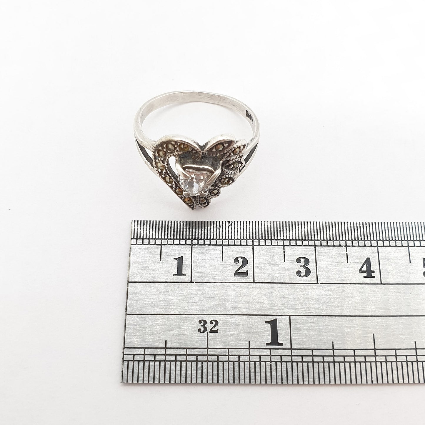 Vintage Sterling Silver Heart Ring CZ & Marcasite Love Heart Shape Cut Large Sparkly Solid 925 Womens Jewelry Retro Jewellery UKQ.5 US8.5
