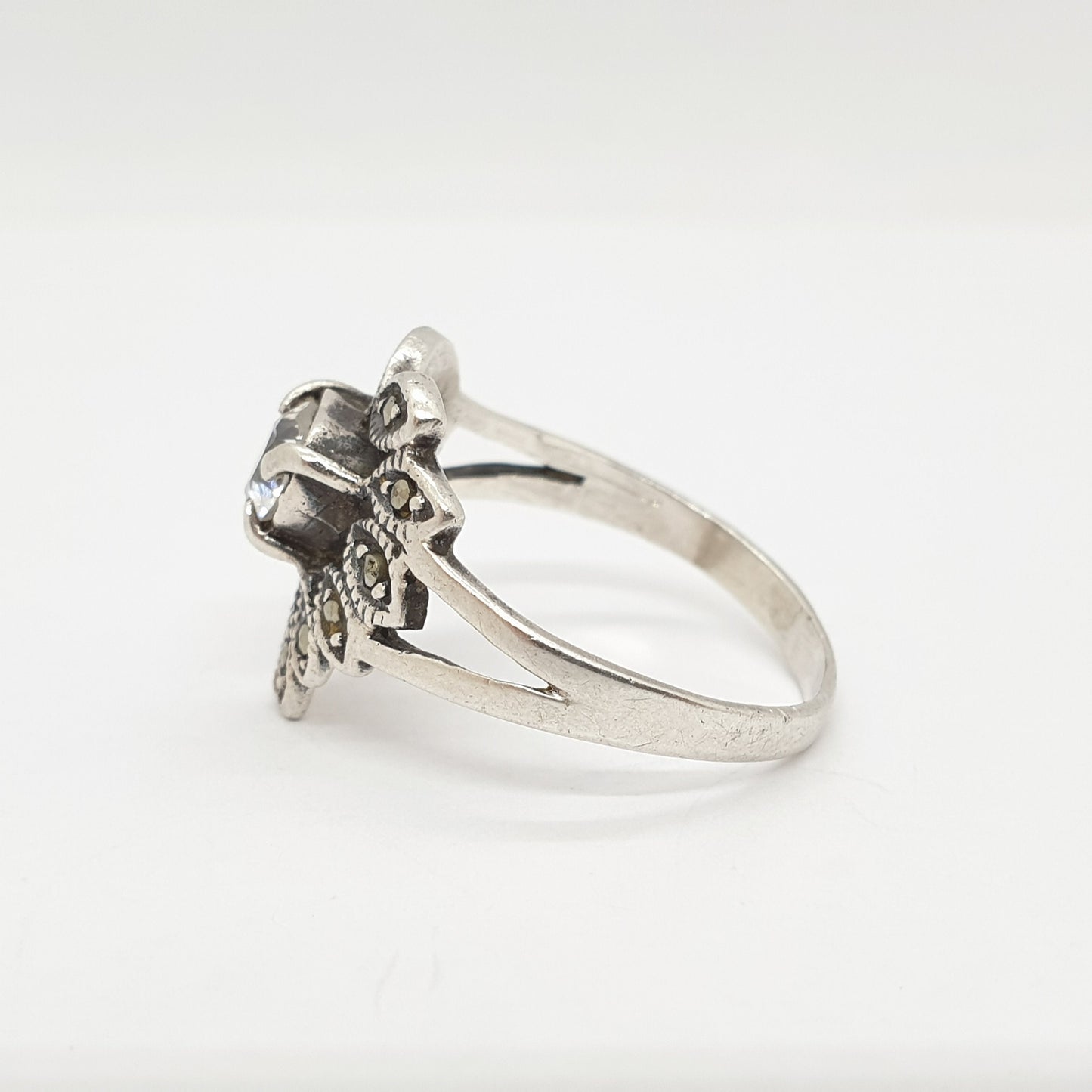 Vintage Sterling Silver Heart Ring CZ & Marcasite Love Heart Shape Cut Large Sparkly Solid 925 Womens Jewelry Retro Jewellery UKQ.5 US8.5