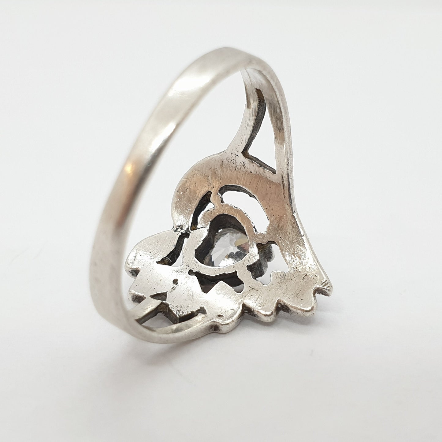 Vintage Sterling Silver Heart Ring CZ & Marcasite Love Heart Shape Cut Large Sparkly Solid 925 Womens Jewelry Retro Jewellery UKQ.5 US8.5