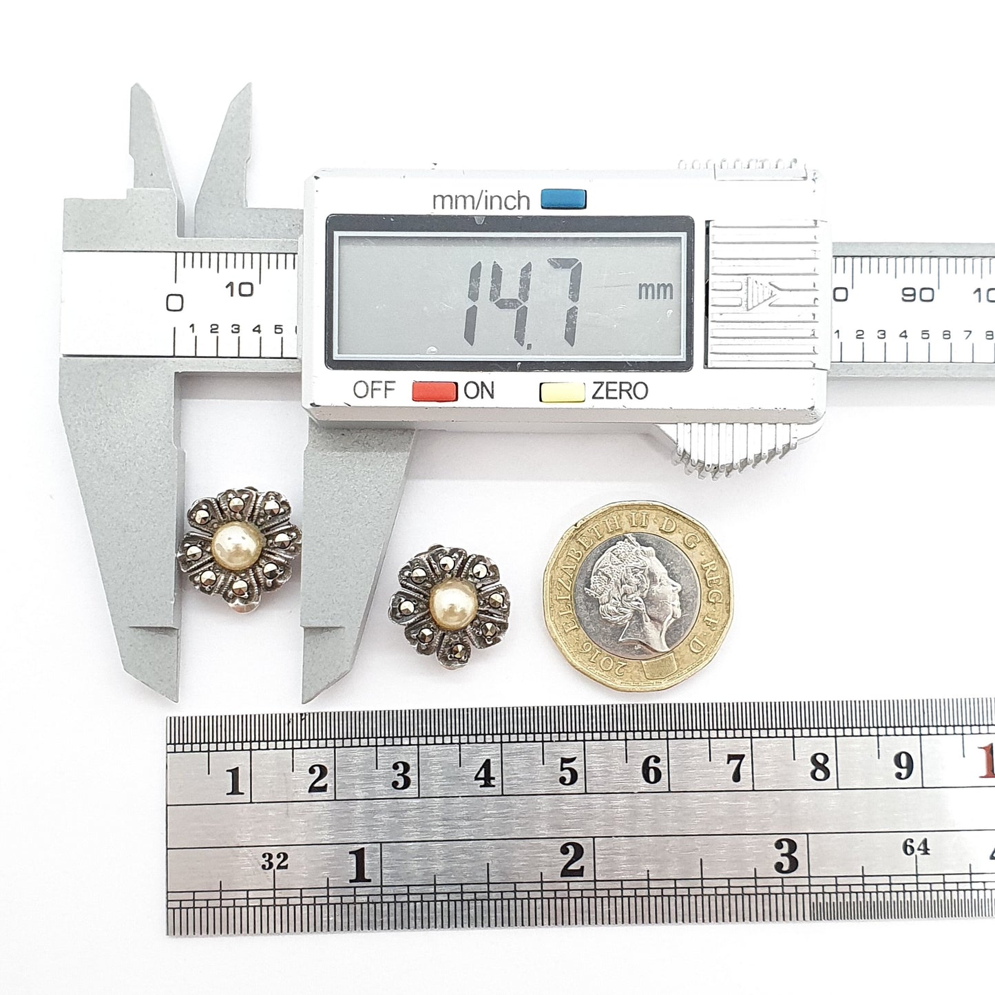 Antique Sterling Silver Faux Pearl Earrings Clip On Art Deco 1920s Vintage Marcasite Flower Flapper Retro Womens Ladies Jewelry Jewellery