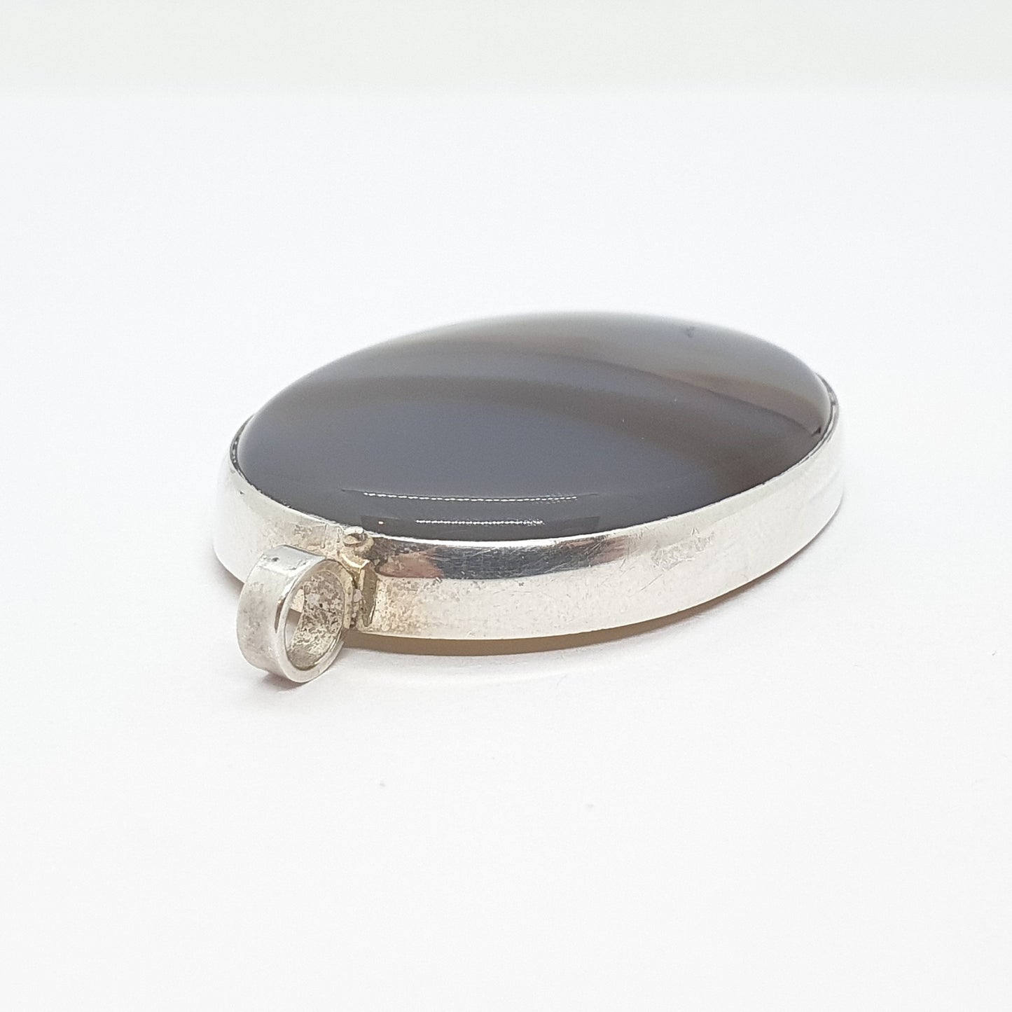 Vintage Sterling Silver Striped Agate Necklace Pendant Big Large 1978 Hallmarked Banded Humbug Quartz Cabochon Gemstone Mens Womens Jewelry