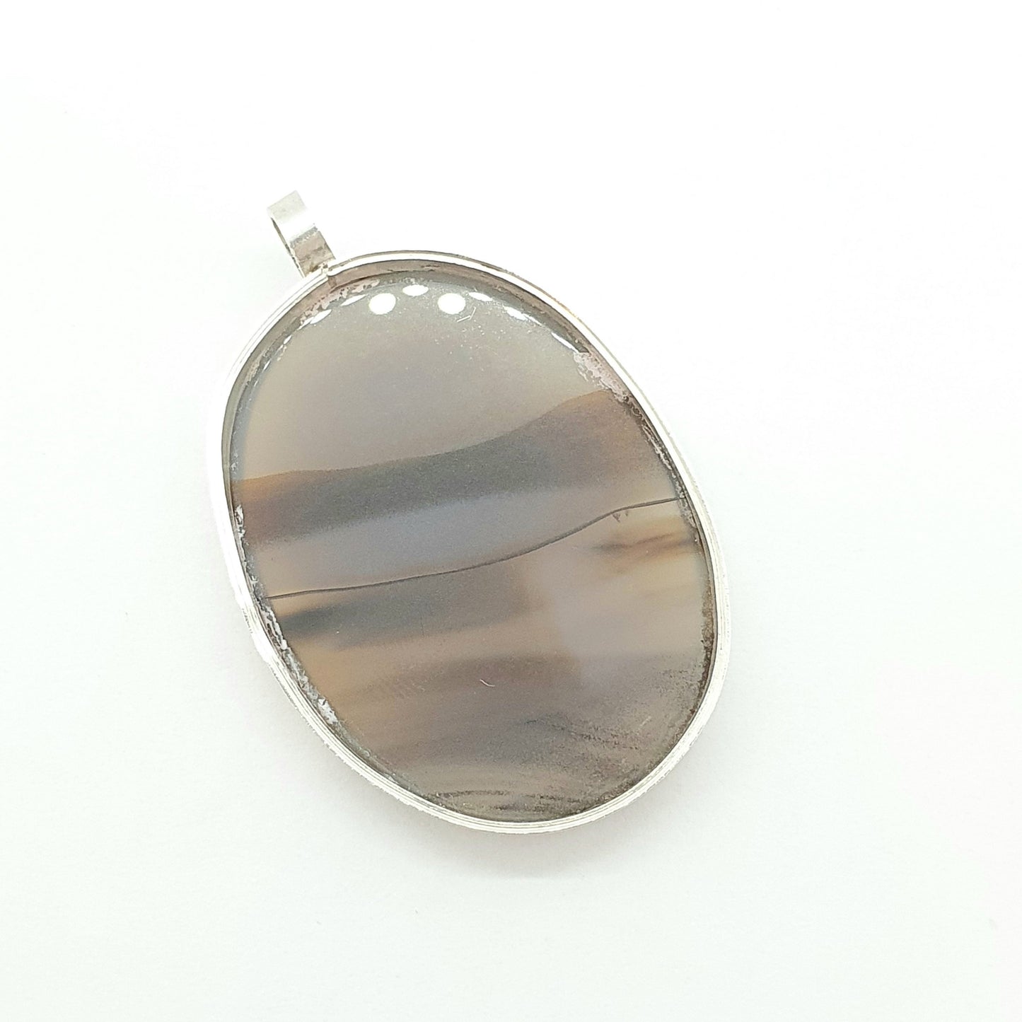 Vintage Sterling Silver Striped Agate Necklace Pendant Big Large 1978 Hallmarked Banded Humbug Quartz Cabochon Gemstone Mens Womens Jewelry