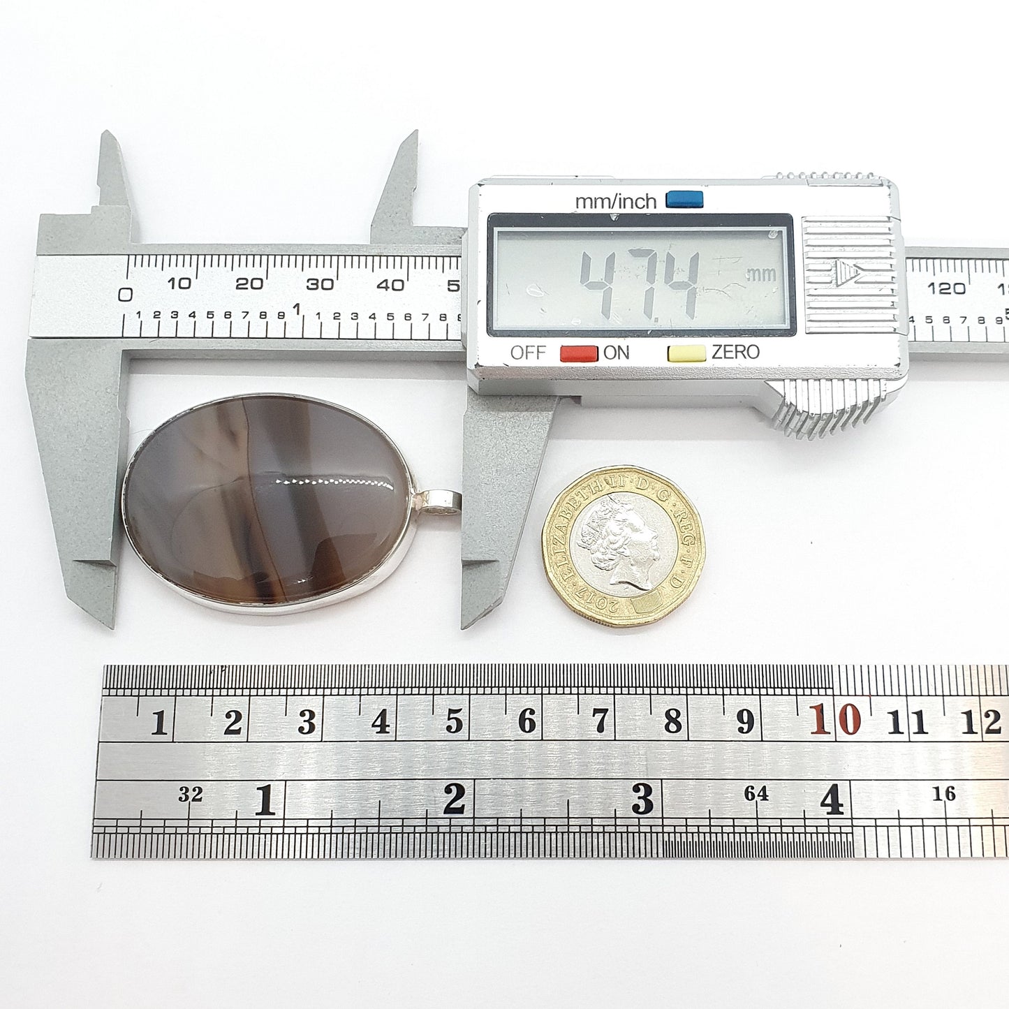 Vintage Sterling Silver Striped Agate Necklace Pendant Big Large 1978 Hallmarked Banded Humbug Quartz Cabochon Gemstone Mens Womens Jewelry