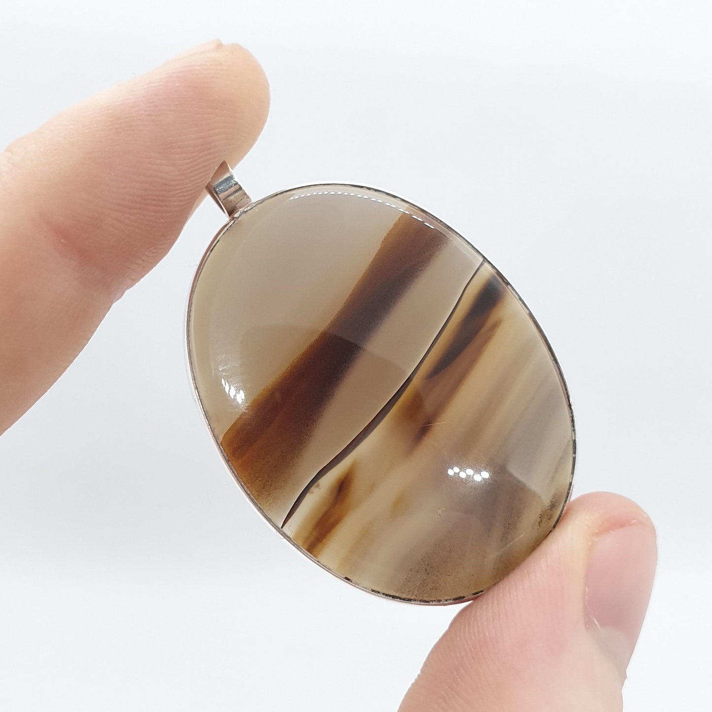 Vintage Sterling Silver Striped Agate Necklace Pendant Big Large 1978 Hallmarked Banded Humbug Quartz Cabochon Gemstone Mens Womens Jewelry