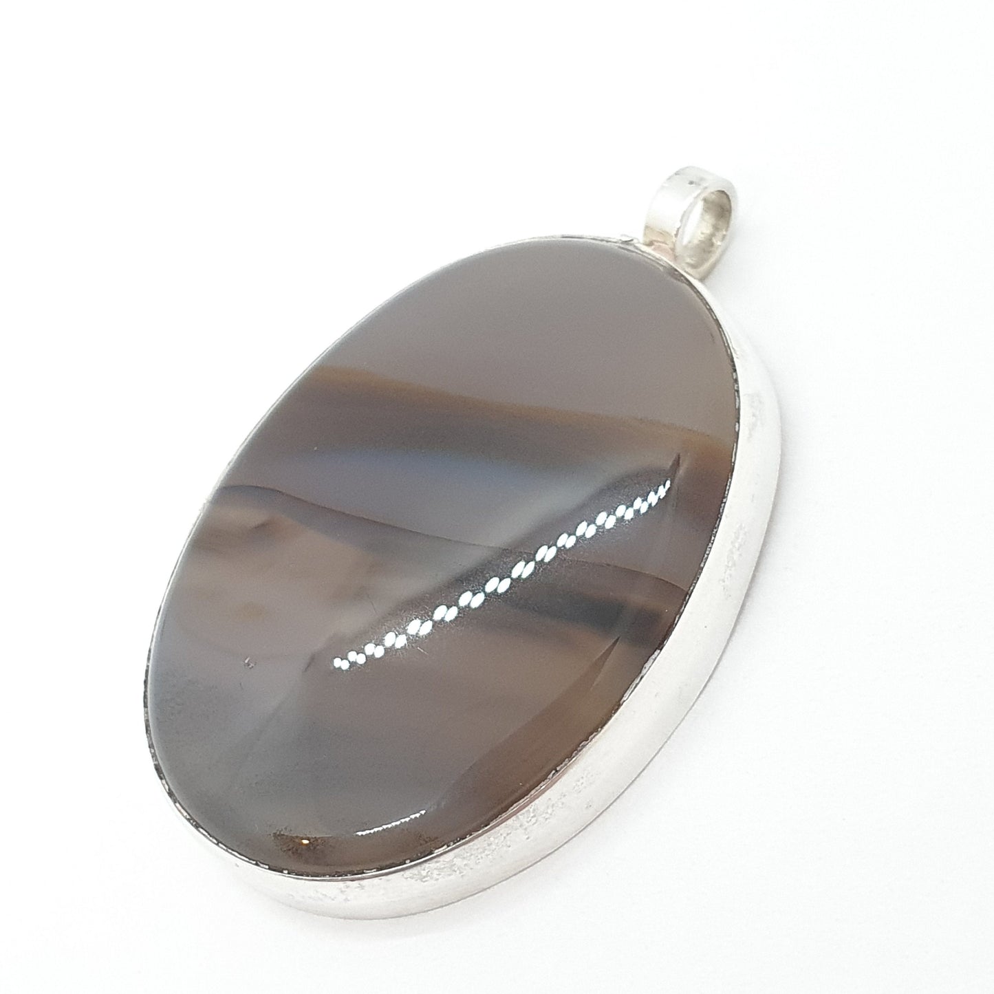 Vintage Sterling Silver Striped Agate Necklace Pendant Big Large 1978 Hallmarked Banded Humbug Quartz Cabochon Gemstone Mens Womens Jewelry