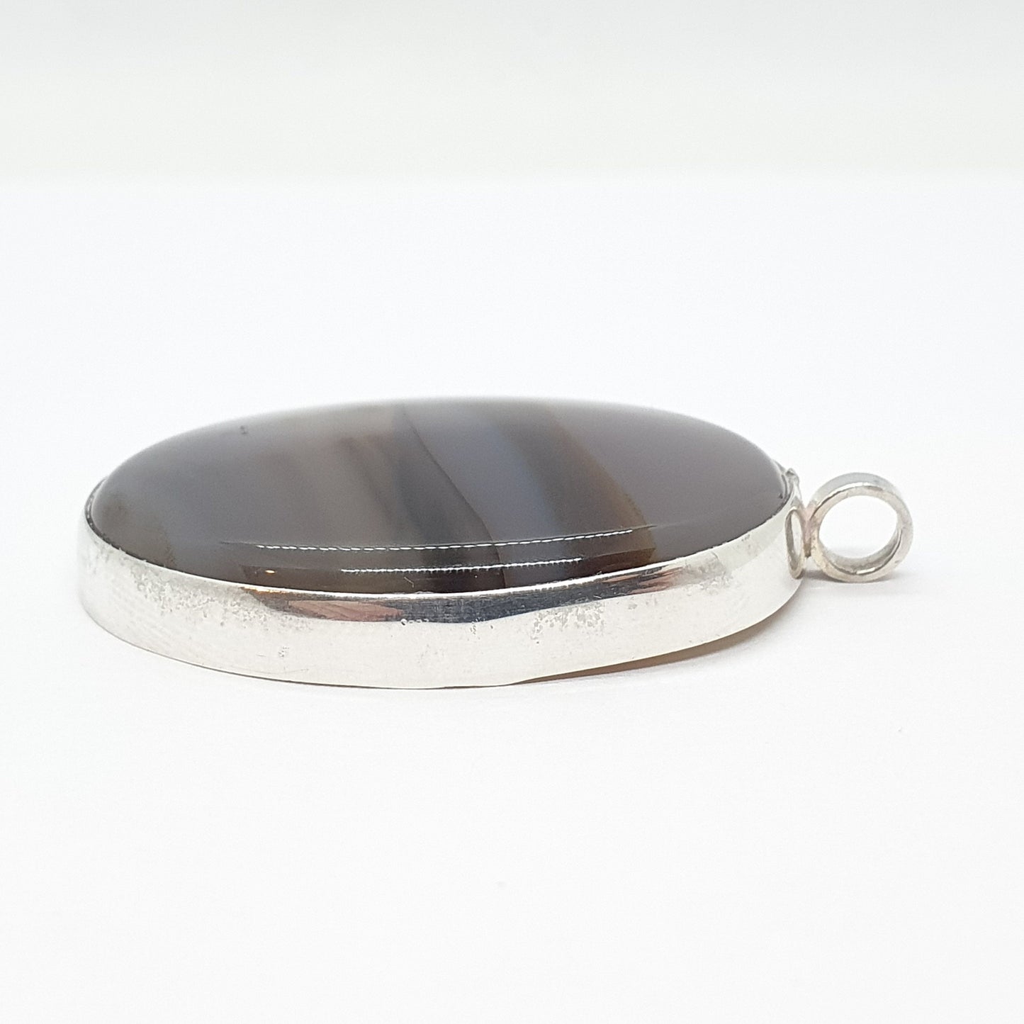 Vintage Sterling Silver Striped Agate Necklace Pendant Big Large 1978 Hallmarked Banded Humbug Quartz Cabochon Gemstone Mens Womens Jewelry
