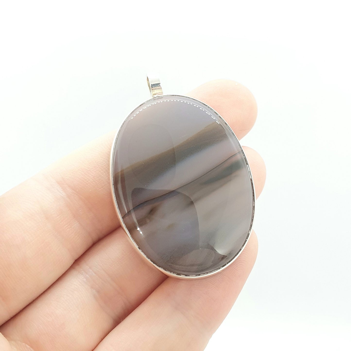 Vintage Sterling Silver Striped Agate Necklace Pendant Big Large 1978 Hallmarked Banded Humbug Quartz Cabochon Gemstone Mens Womens Jewelry