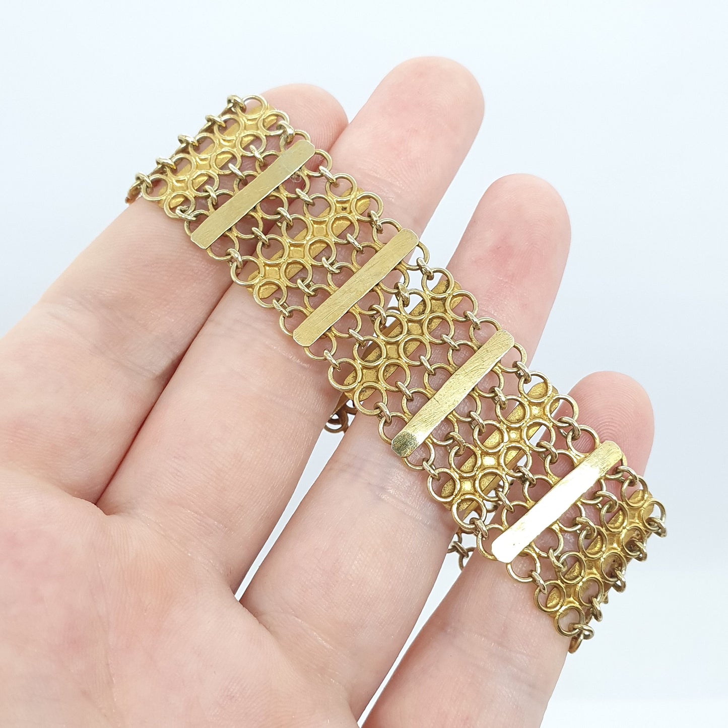 Old Vintage Solid Silver Gold Gilt Bracelet Chainmail Link Indian Asian Style Heavy Large 25.52g 19cm Womens Mens Jewelry Retro Jewellery