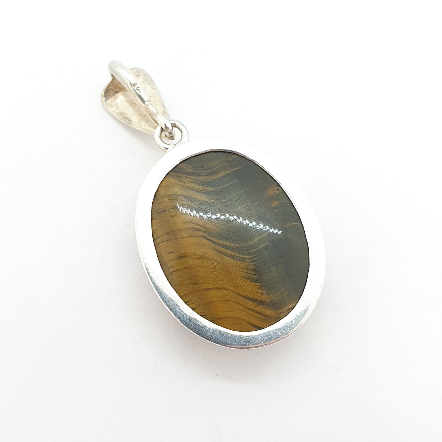 Vintage Tiger Eye Sterling Silver Pendant Necklace 1970s Oval Cabochon Tigers Eye Quartz Gemstone Womens Mens Jewelry Retro Jewellery
