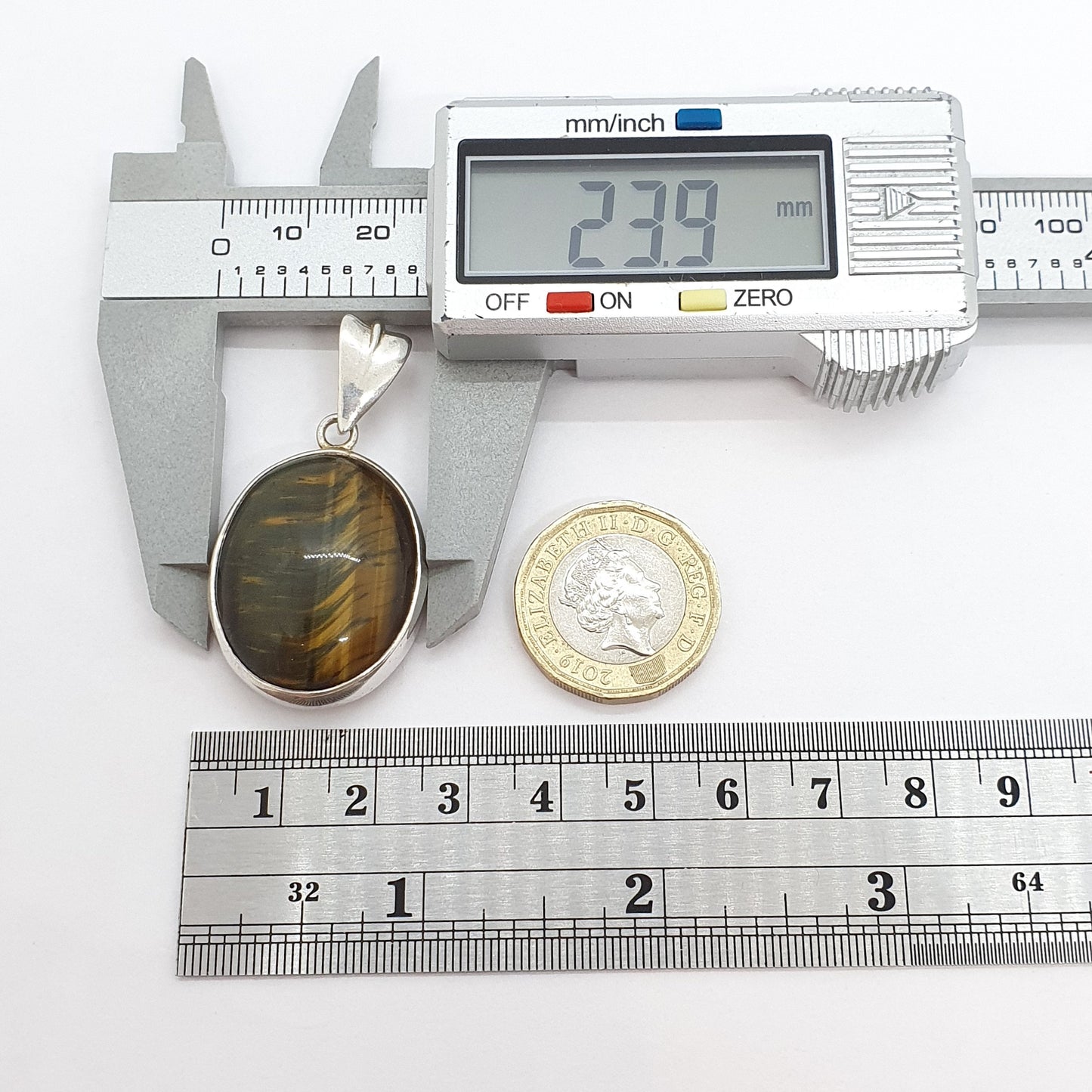 Vintage Tiger Eye Sterling Silver Pendant Necklace 1970s Oval Cabochon Tigers Eye Quartz Gemstone Womens Mens Jewelry Retro Jewellery