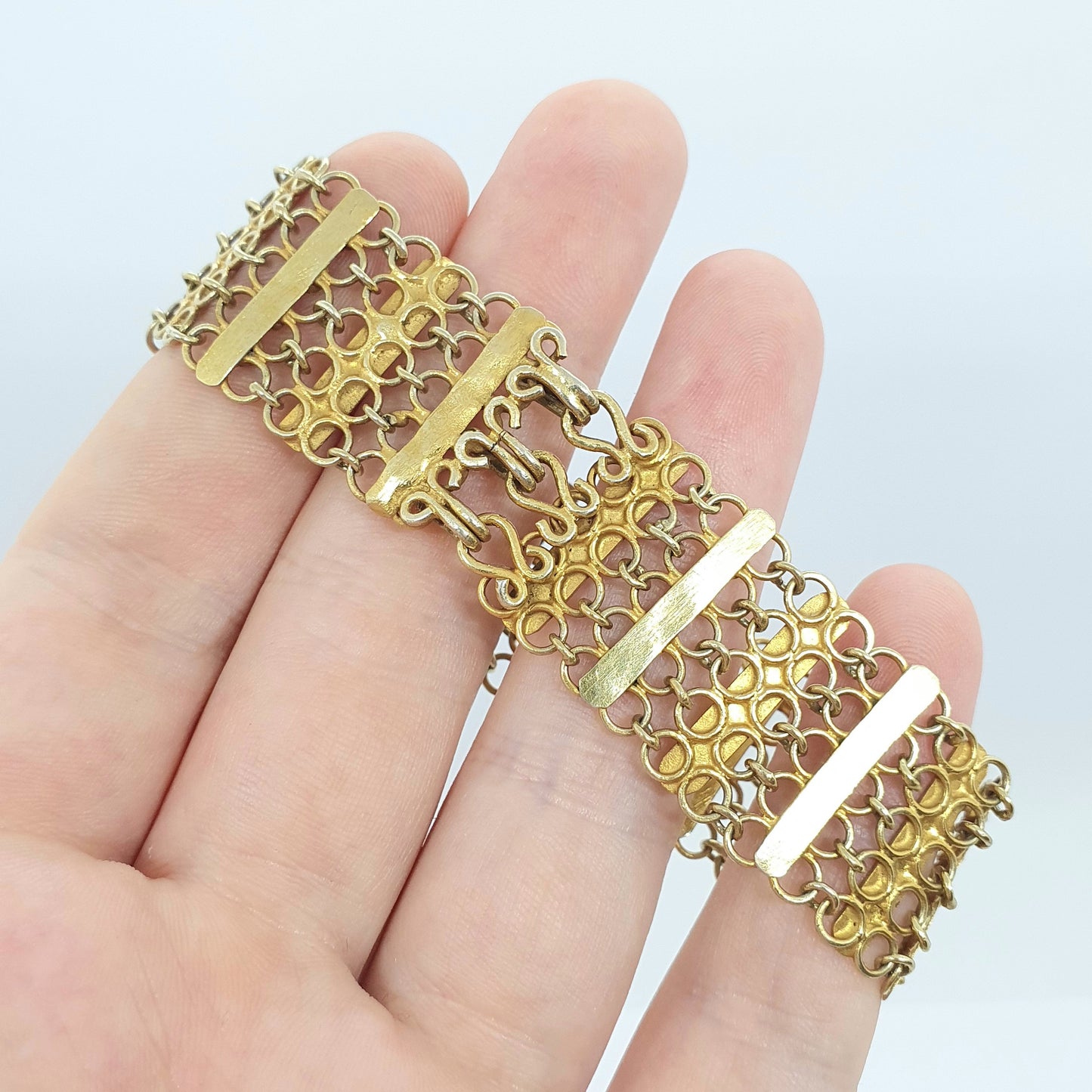 Old Vintage Solid Silver Gold Gilt Bracelet Chainmail Link Indian Asian Style Heavy Large 25.52g 19cm Womens Mens Jewelry Retro Jewellery