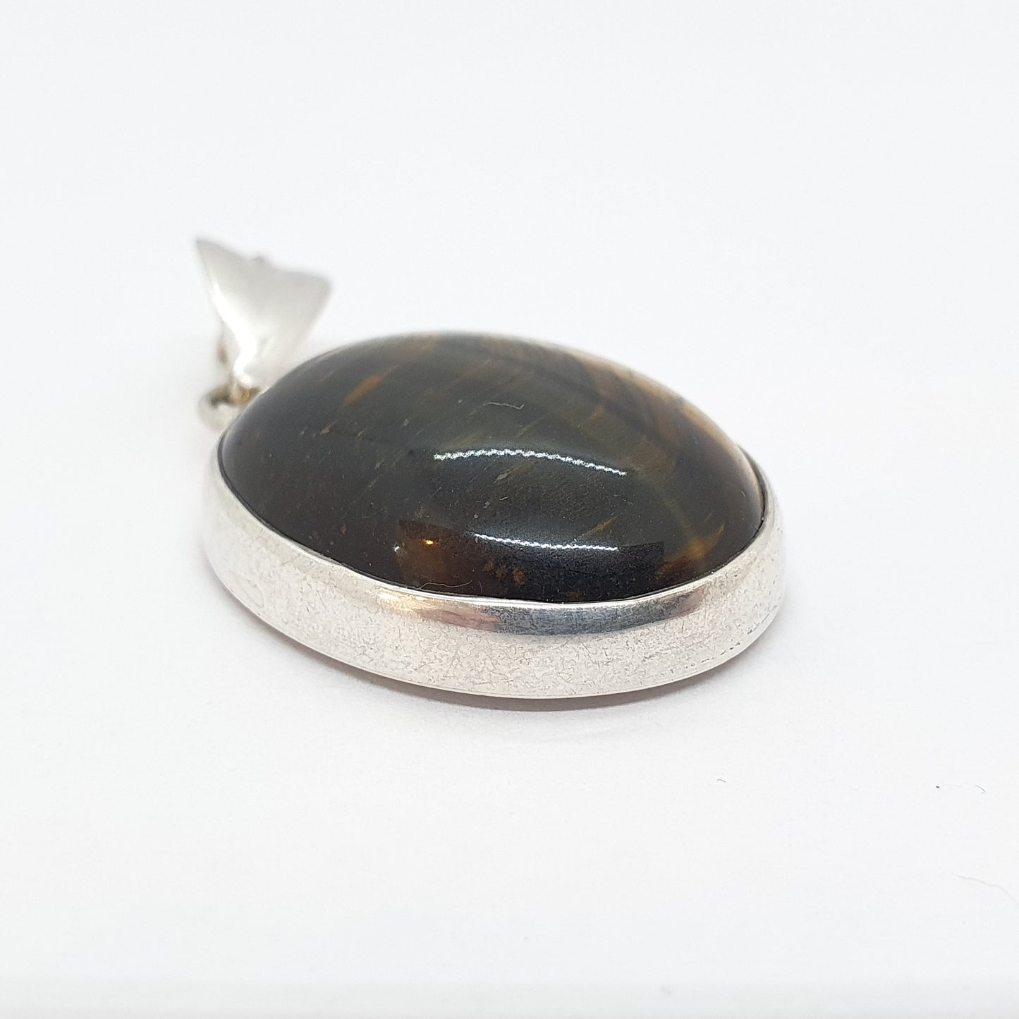 Vintage Tiger Eye Sterling Silver Pendant Necklace 1970s Oval Cabochon Tigers Eye Quartz Gemstone Womens Mens Jewelry Retro Jewellery