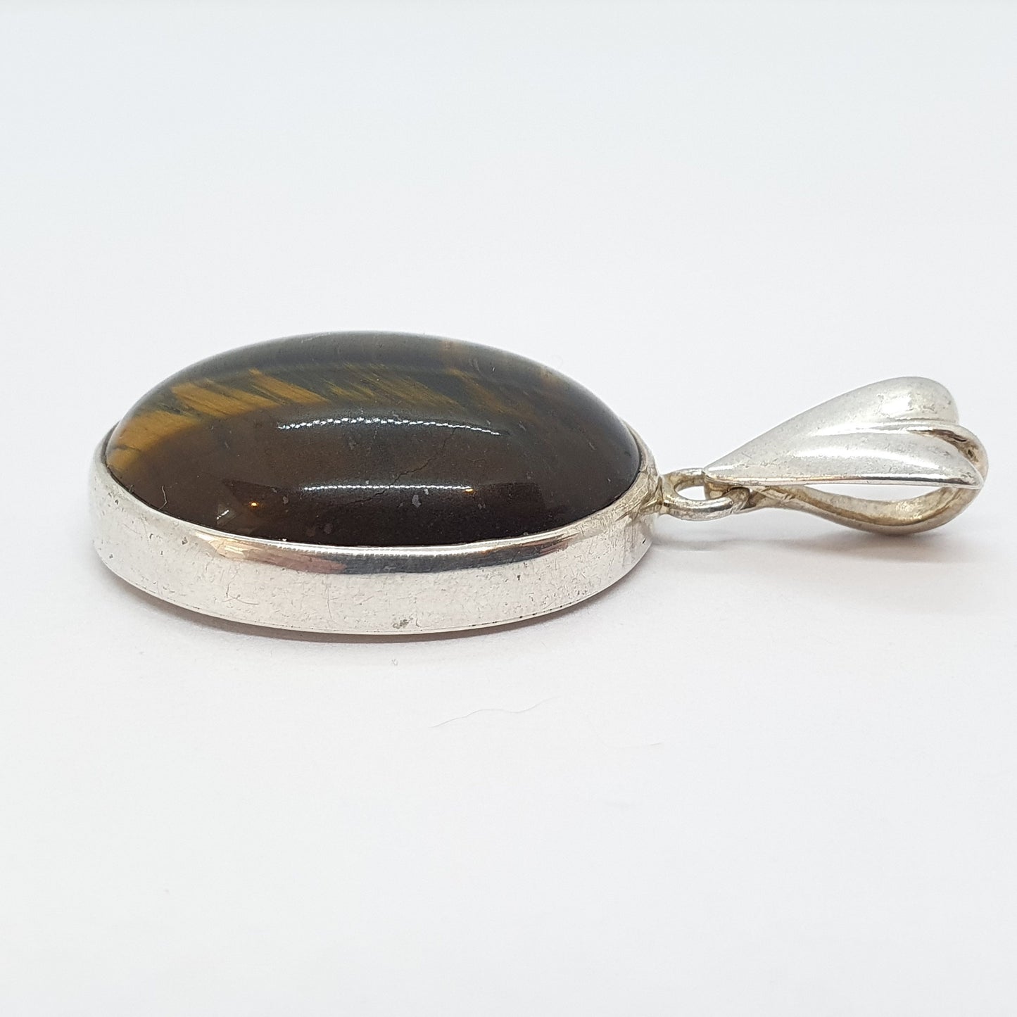 Vintage Tiger Eye Sterling Silver Pendant Necklace 1970s Oval Cabochon Tigers Eye Quartz Gemstone Womens Mens Jewelry Retro Jewellery