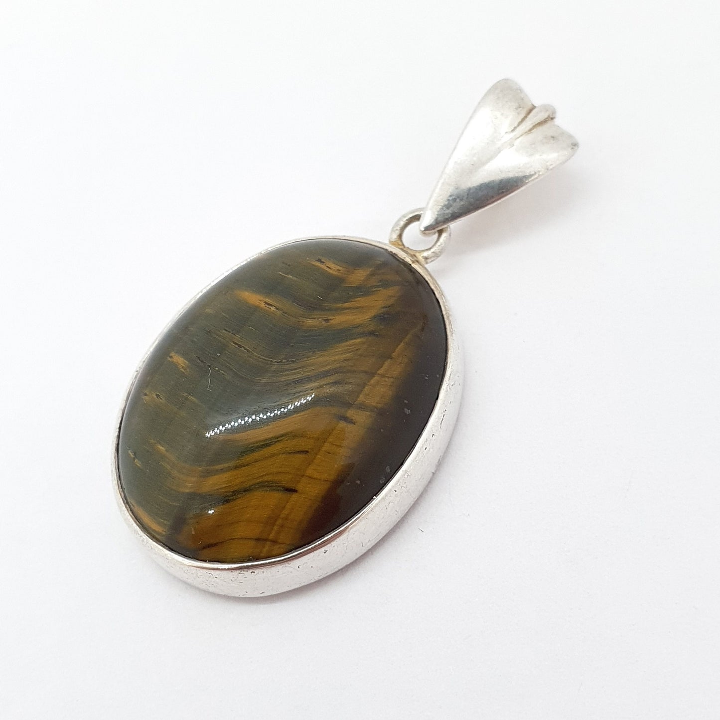 Vintage Tiger Eye Sterling Silver Pendant Necklace 1970s Oval Cabochon Tigers Eye Quartz Gemstone Womens Mens Jewelry Retro Jewellery