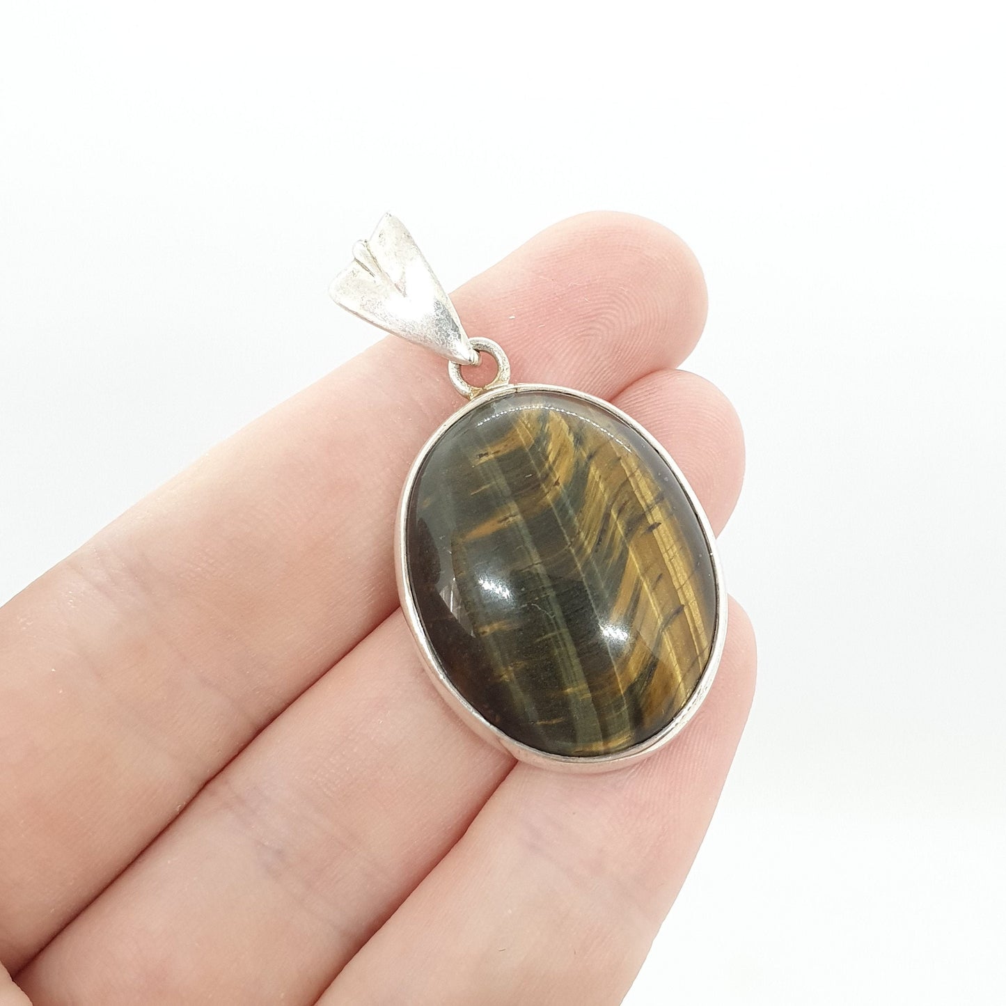 Vintage Tiger Eye Sterling Silver Pendant Necklace 1970s Oval Cabochon Tigers Eye Quartz Gemstone Womens Mens Jewelry Retro Jewellery