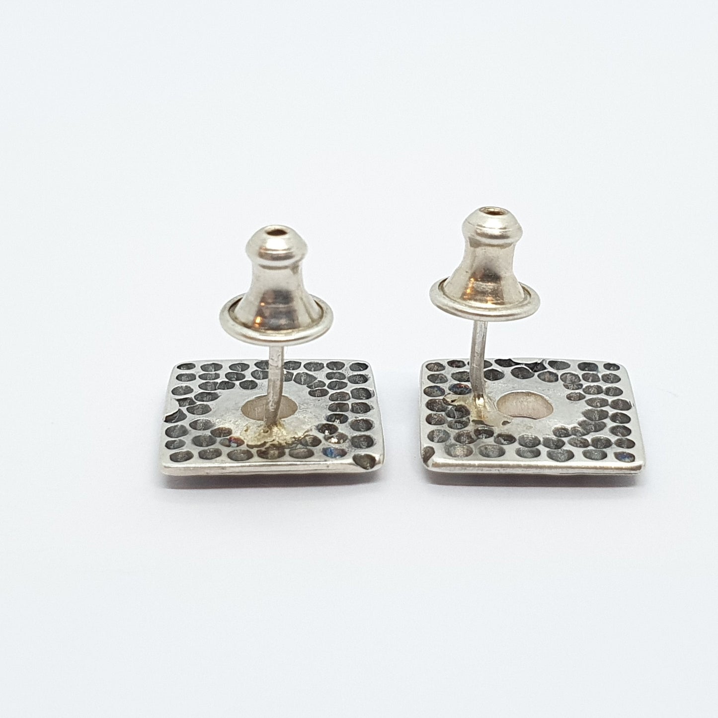 Vintage Sterling Silver Square Earrings Stud Aztec Style 1980s Modernist Retro Hammered Solid 925 Cube Womens Ladies Jewelry Jewellery