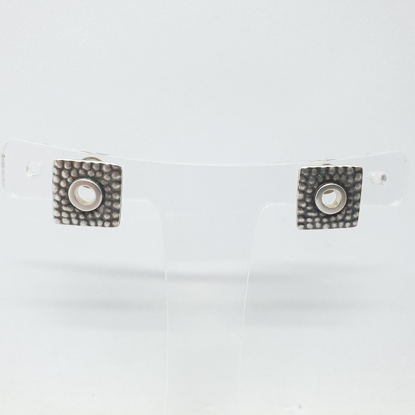 Vintage Sterling Silver Square Earrings Stud Aztec Style 1980s Modernist Retro Hammered Solid 925 Cube Womens Ladies Jewelry Jewellery