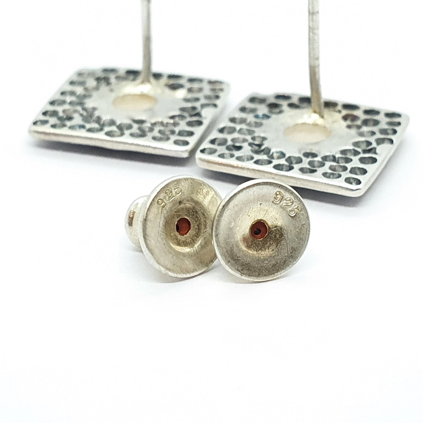 Vintage Sterling Silver Square Earrings Stud Aztec Style 1980s Modernist Retro Hammered Solid 925 Cube Womens Ladies Jewelry Jewellery