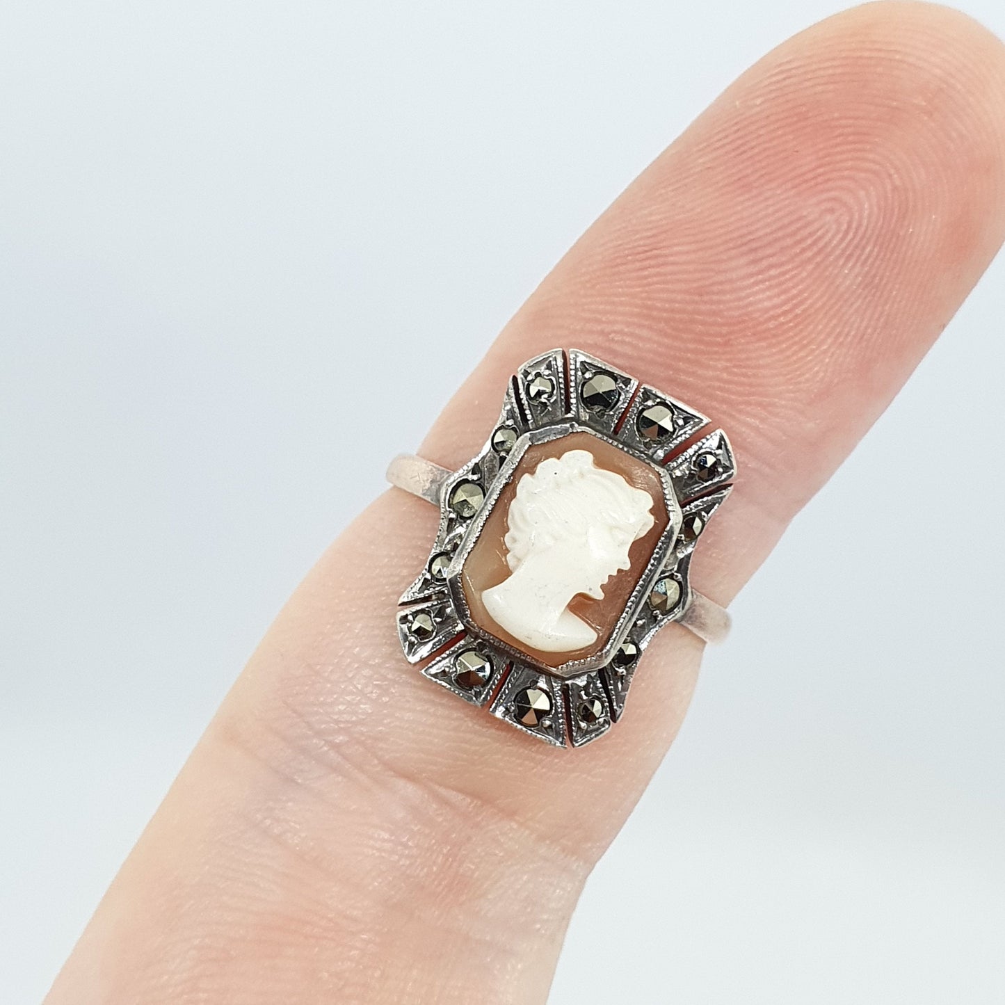 Antique 9ct 9kt Gold Cameo Ring Solid Silver Art Deco Marcasite Vintage 1920s Genuine Shell Real Jewelry Jewellery Womens UKP US7.75