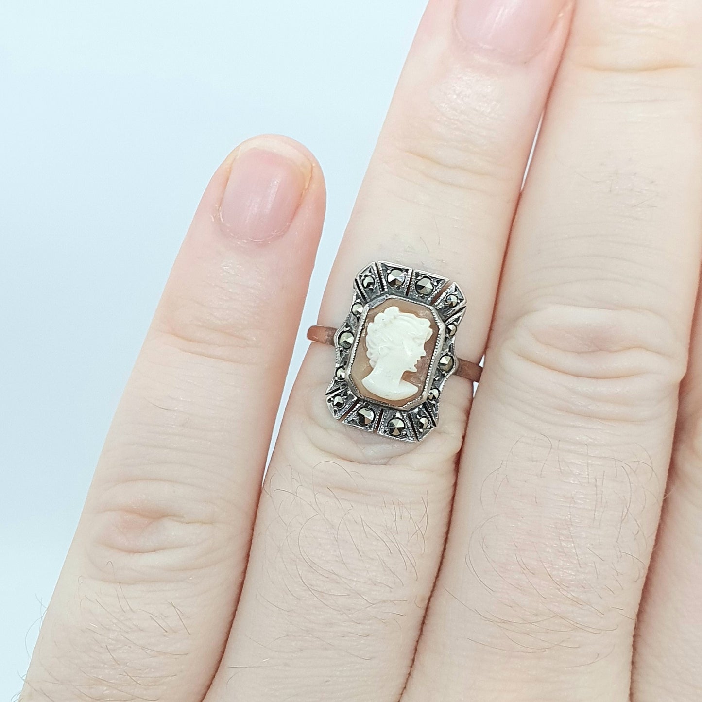 Antique 9ct 9kt Gold Cameo Ring Solid Silver Art Deco Marcasite Vintage 1920s Genuine Shell Real Jewelry Jewellery Womens UKP US7.75