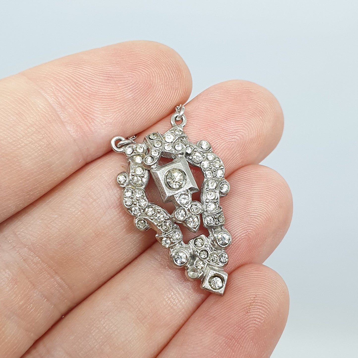 Antique Art Deco Sterling Silver Diamond Paste Pendant Necklace Vintage 1920s Flapper Solid 925 Genuine Sparkly Womens Jewelry Jewellery