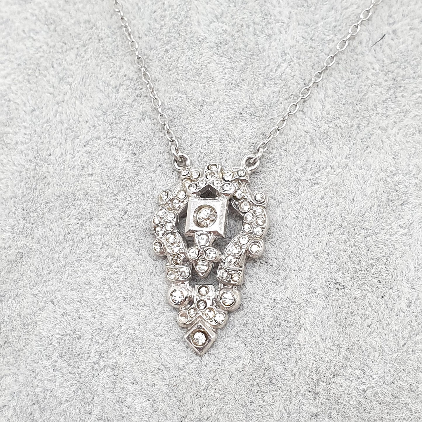 Antique Art Deco Sterling Silver Diamond Paste Pendant Necklace Vintage 1920s Flapper Solid 925 Genuine Sparkly Womens Jewelry Jewellery