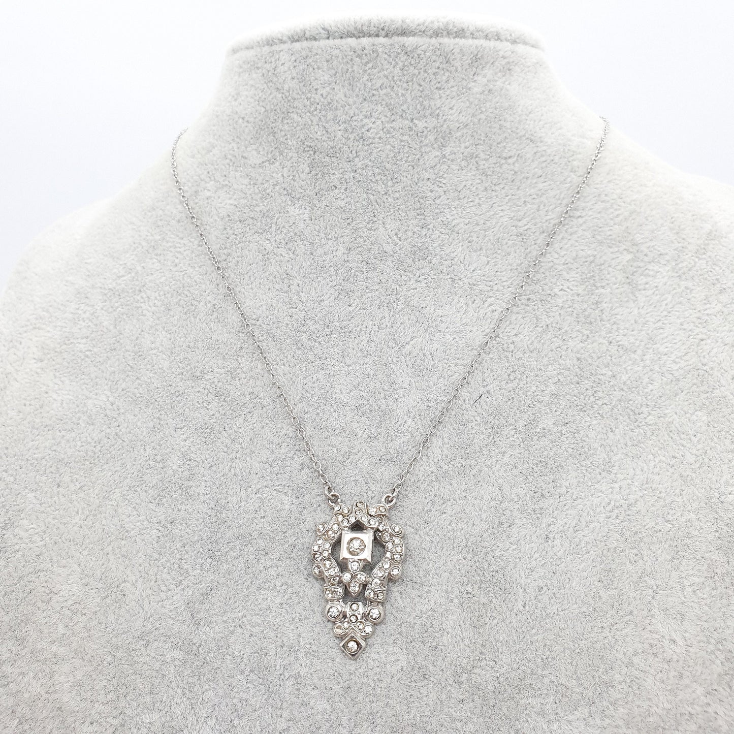 Antique Art Deco Sterling Silver Diamond Paste Pendant Necklace Vintage 1920s Flapper Solid 925 Genuine Sparkly Womens Jewelry Jewellery