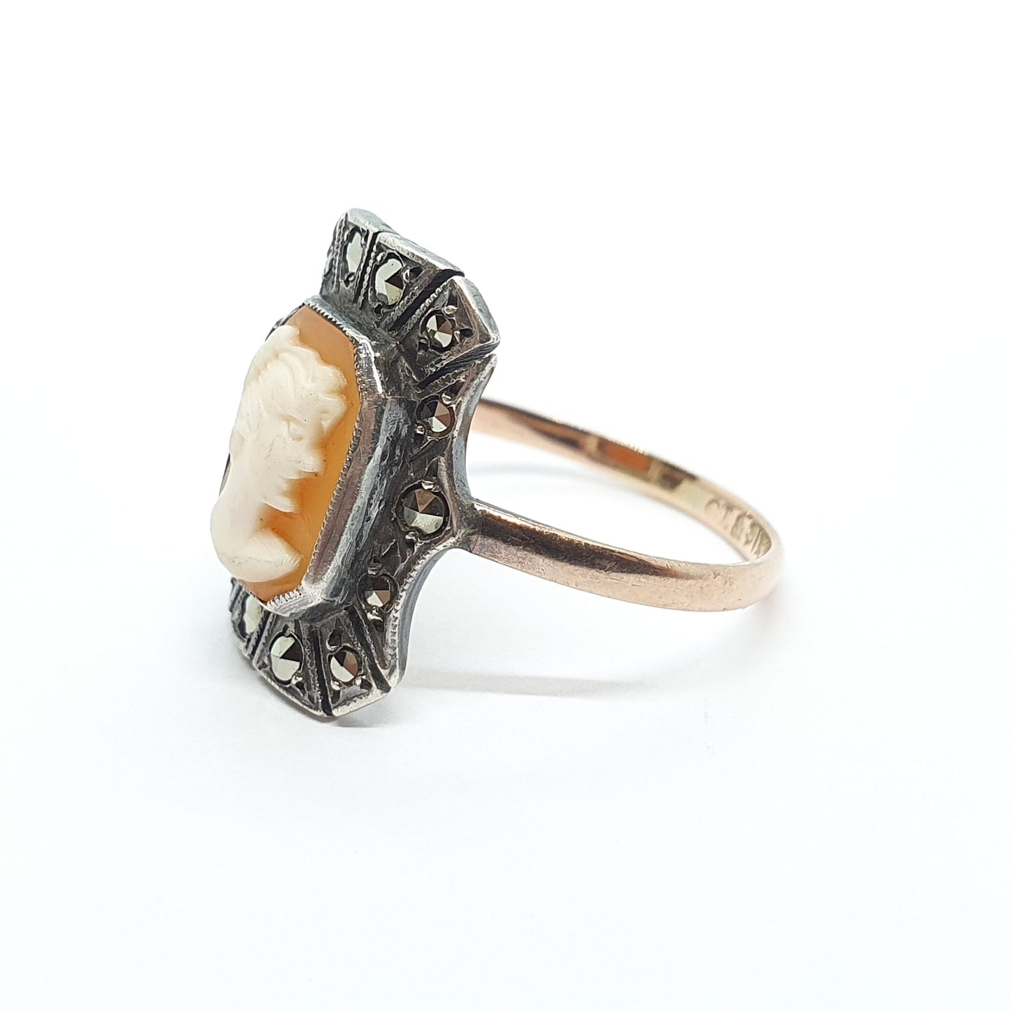 Antique 9ct 9kt Gold Cameo Ring Solid Silver Art Deco Marcasite Vintage 1920s Genuine Shell Real Jewelry Jewellery Womens UKP US7.75