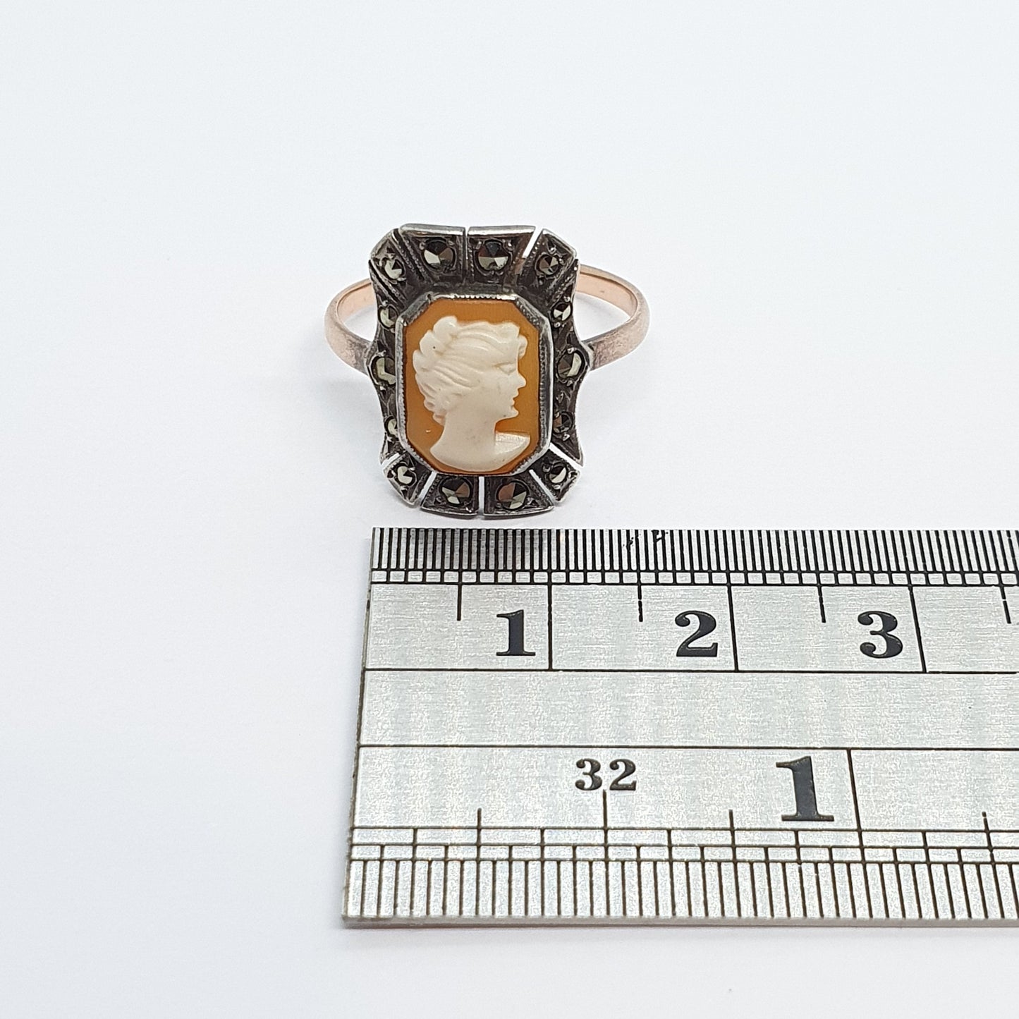 Antique 9ct 9kt Gold Cameo Ring Solid Silver Art Deco Marcasite Vintage 1920s Genuine Shell Real Jewelry Jewellery Womens UKP US7.75