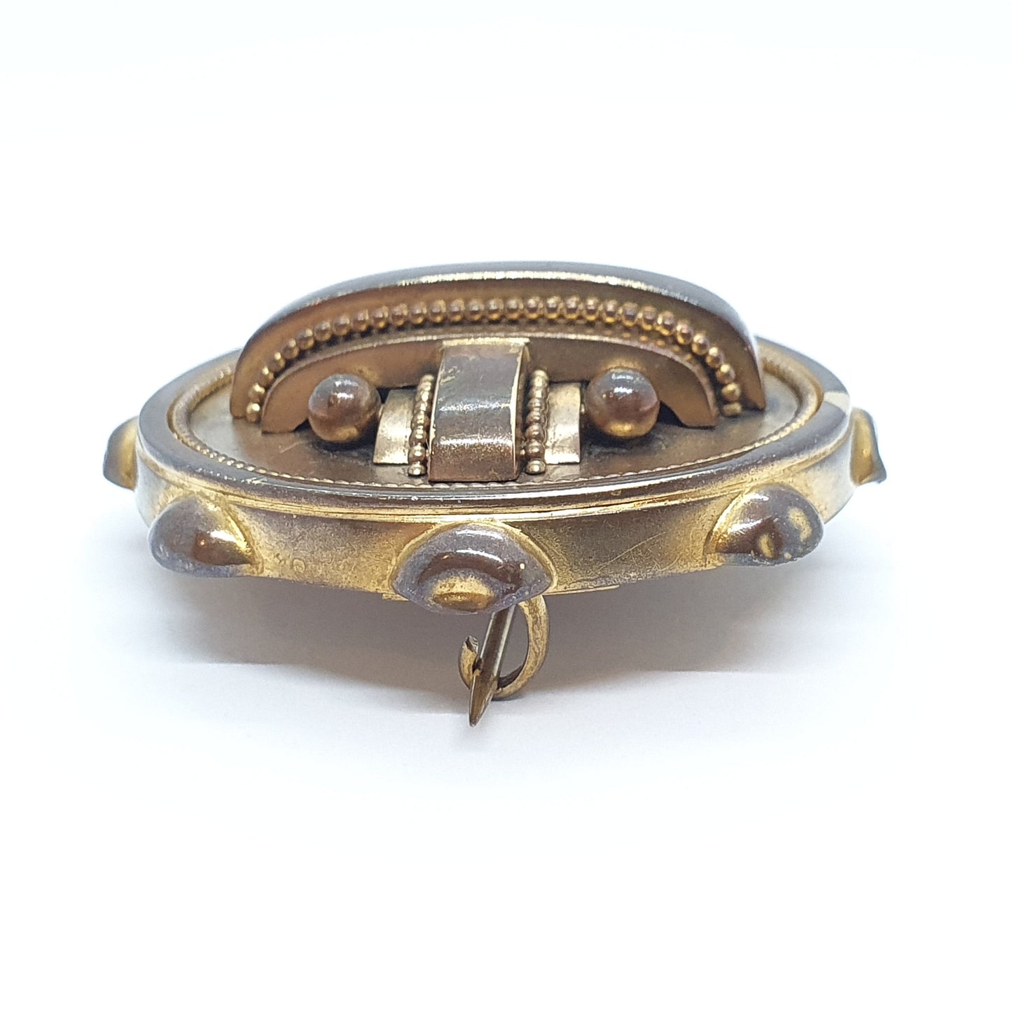 Antique Victorian Locket Brooch Pendant Gold Gilt Mourning Etruscan Geometric Vintage Large Big Pin Hair Ladies Jewelry Womens Jewellery