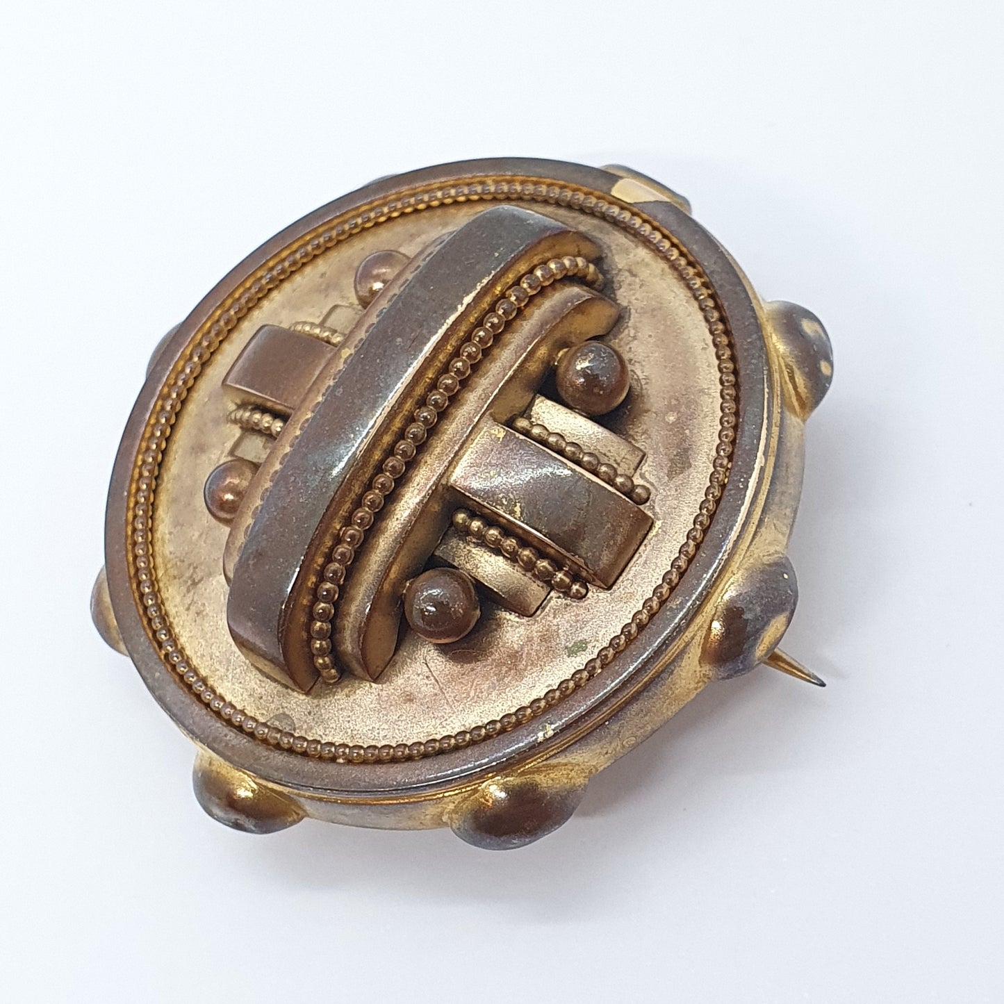 Antique Victorian Locket Brooch Pendant Gold Gilt Mourning Etruscan Geometric Vintage Large Big Pin Hair Ladies Jewelry Womens Jewellery