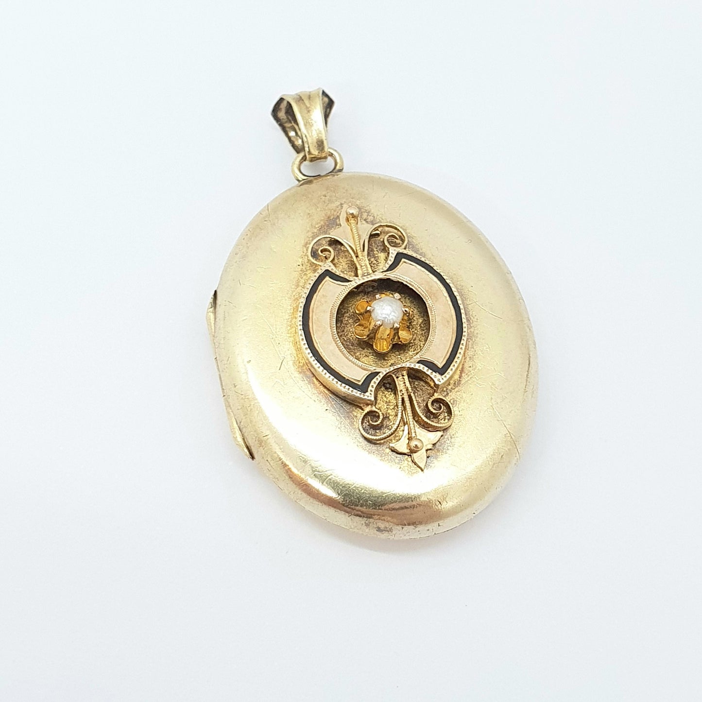 Antique Victorian 15ct Gold Locket Pearl Solid 15k 625 Enamel Pendant Necklace Vintage 1800s Ornate Estate Womens Ladies Jewelry Jewellery