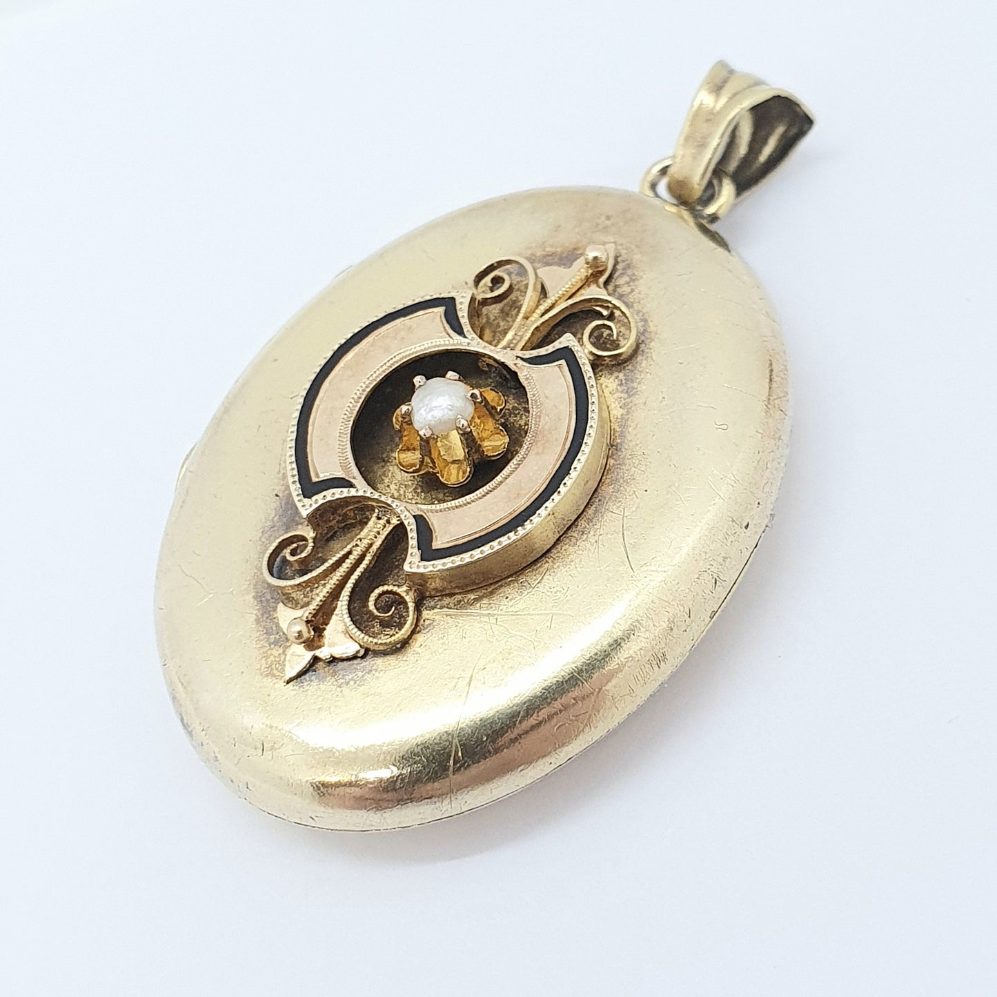 Antique Victorian 15ct Gold Locket Pearl Solid 15k 625 Enamel Pendant Necklace Vintage 1800s Ornate Estate Womens Ladies Jewelry Jewellery