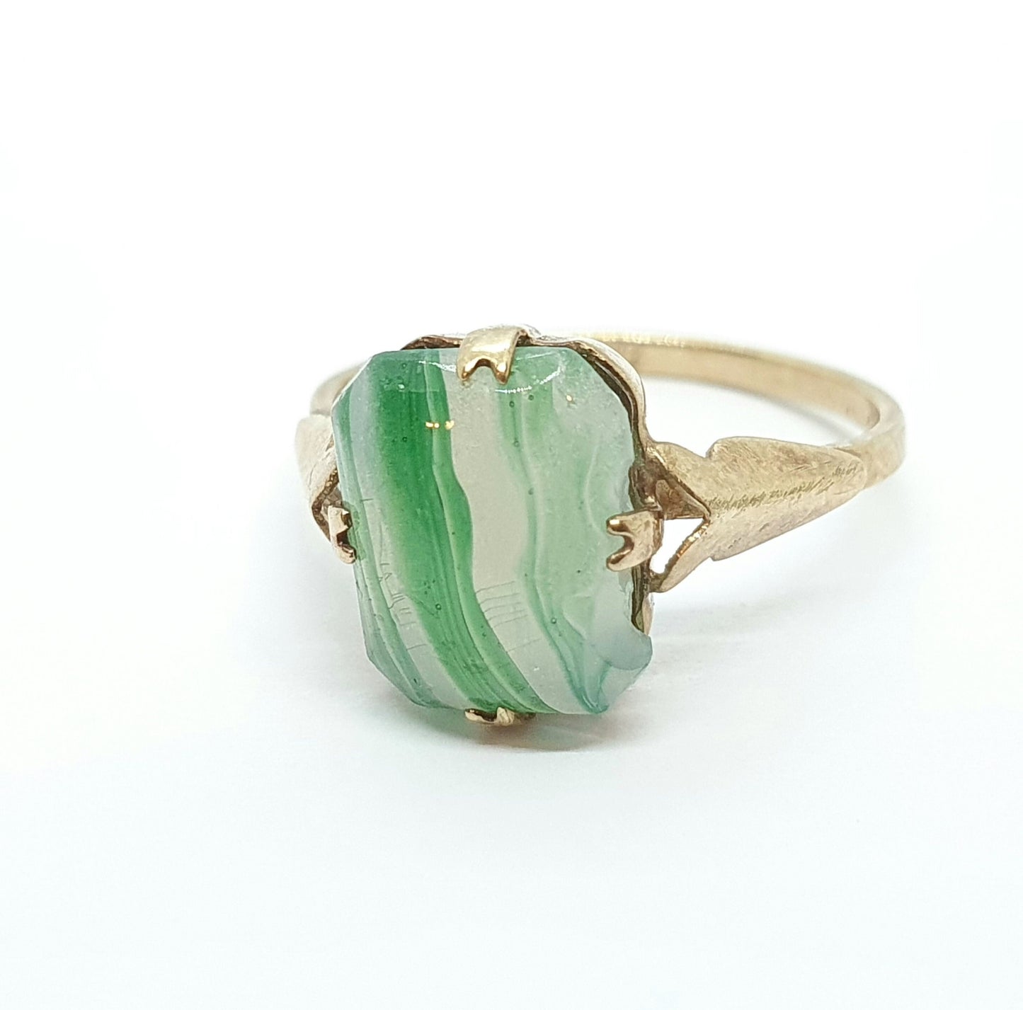 Antique Art Deco 9ct Rose Gold Faux Moss Agate Ring Solid 9k 375 Square Cabochon Vintage Womens Stacker Jewelry Jewellery UKL US5.75