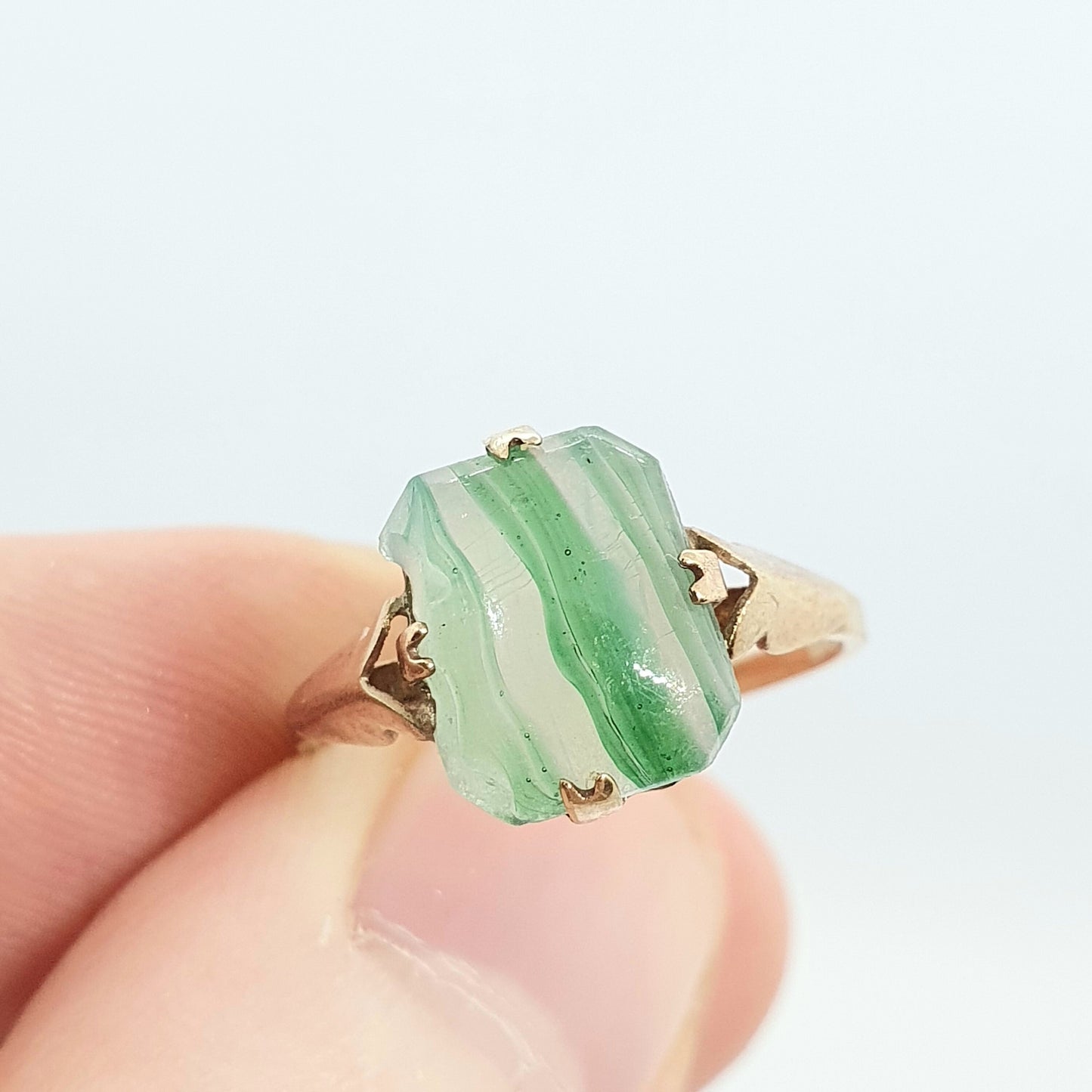 Antique Art Deco 9ct Rose Gold Faux Moss Agate Ring Solid 9k 375 Square Cabochon Vintage Womens Stacker Jewelry Jewellery UKL US5.75
