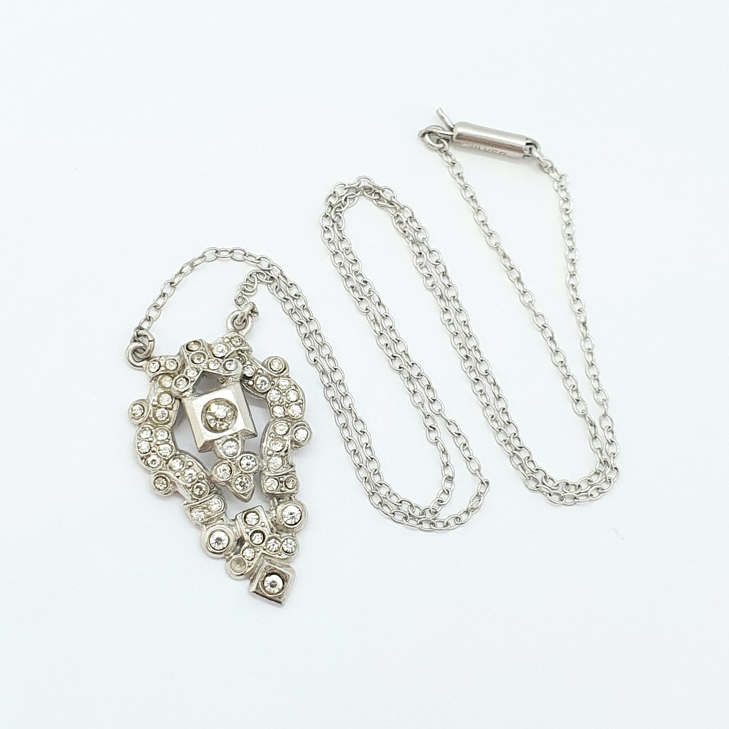 Antique Art Deco Sterling Silver Diamond Paste Pendant Necklace Vintage 1920s Flapper Solid 925 Genuine Sparkly Womens Jewelry Jewellery