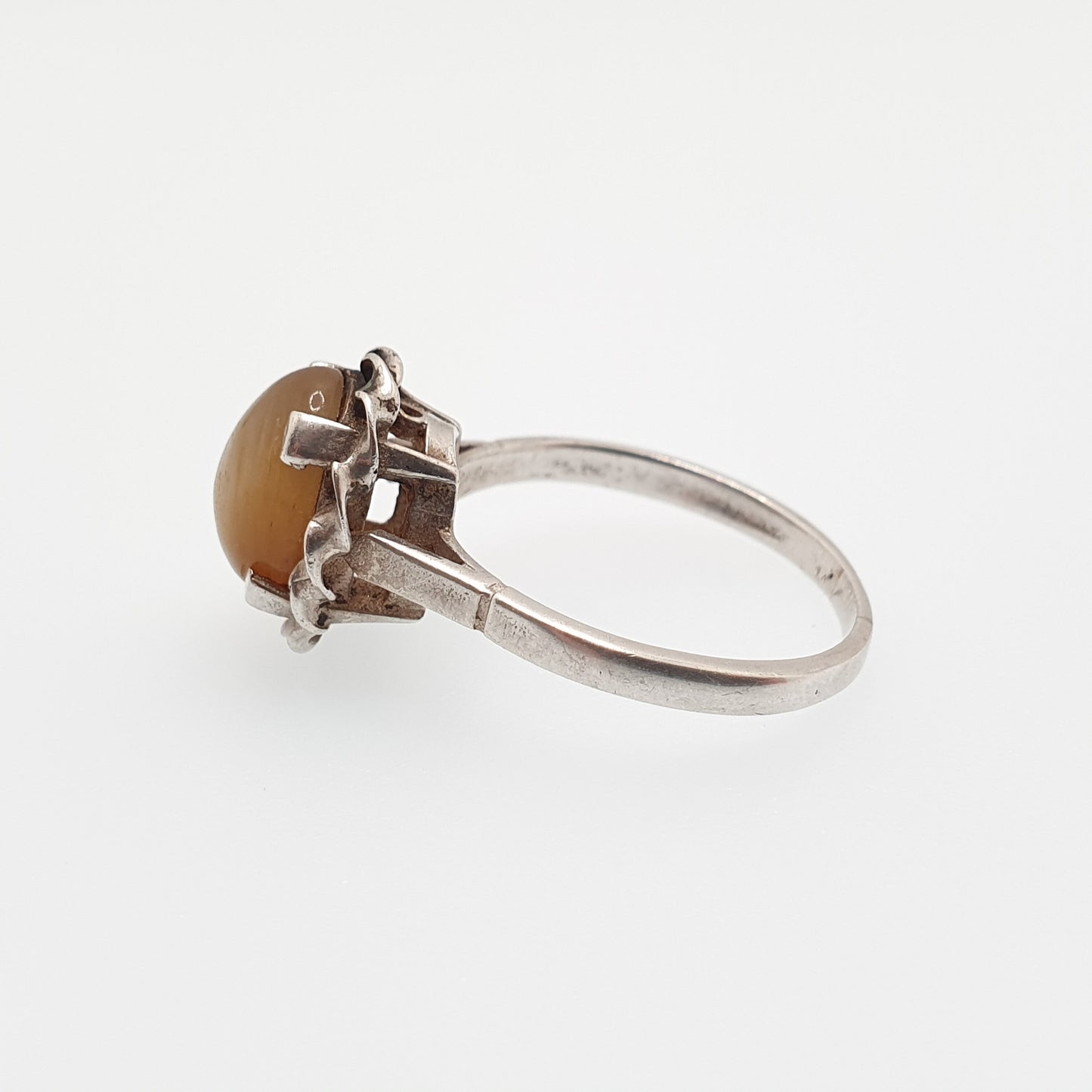 Old Vintage Tiger Eye Sterling Silver Ring 1950s Chatoyant Oval Cabochon Rope Border Retro Solid 925 Womens Jewelry Jewellery UKO US7.25
