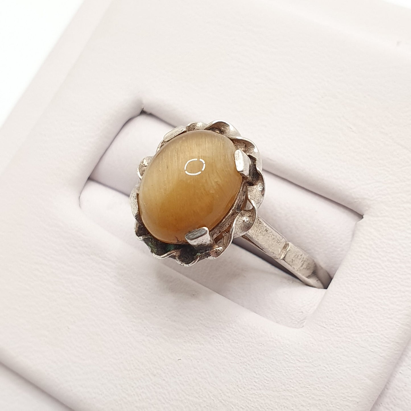 Old Vintage Tiger Eye Sterling Silver Ring 1950s Chatoyant Oval Cabochon Rope Border Retro Solid 925 Womens Jewelry Jewellery UKO US7.25