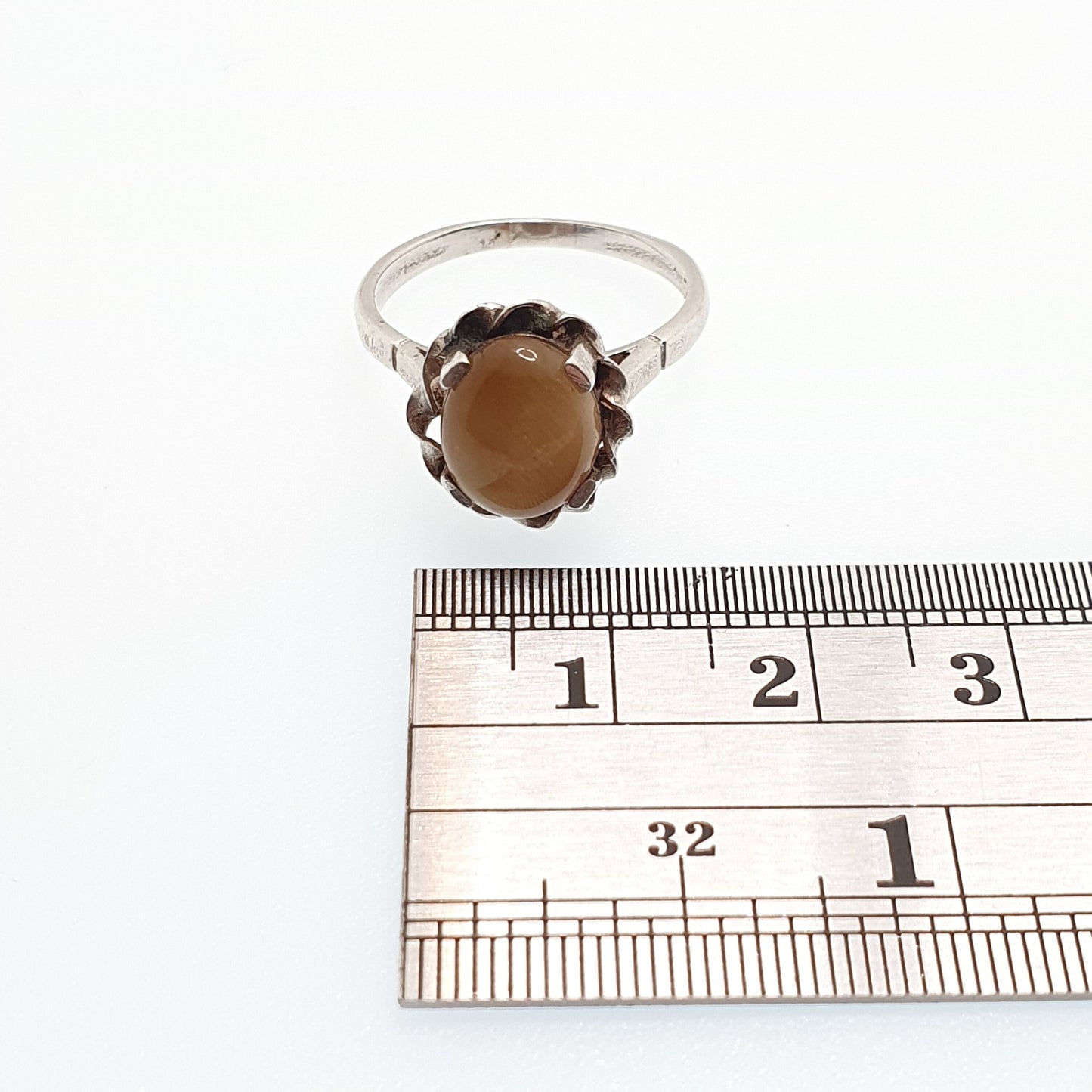 Old Vintage Tiger Eye Sterling Silver Ring 1950s Chatoyant Oval Cabochon Rope Border Retro Solid 925 Womens Jewelry Jewellery UKO US7.25