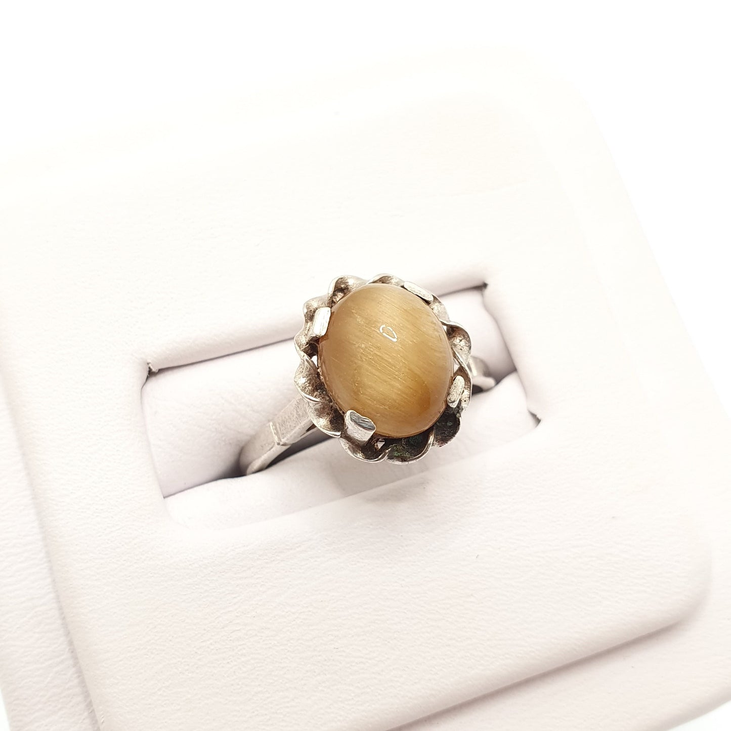 Old Vintage Tiger Eye Sterling Silver Ring 1950s Chatoyant Oval Cabochon Rope Border Retro Solid 925 Womens Jewelry Jewellery UKO US7.25