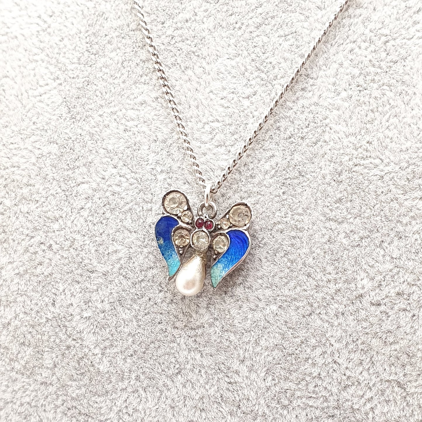 Antique Sterling Silver Enamel Butterfly Pendant Art Nouveau Necklace Ruby Diamond Paste Insect Bug Fly Vintage Womens Jewelry Jewellery