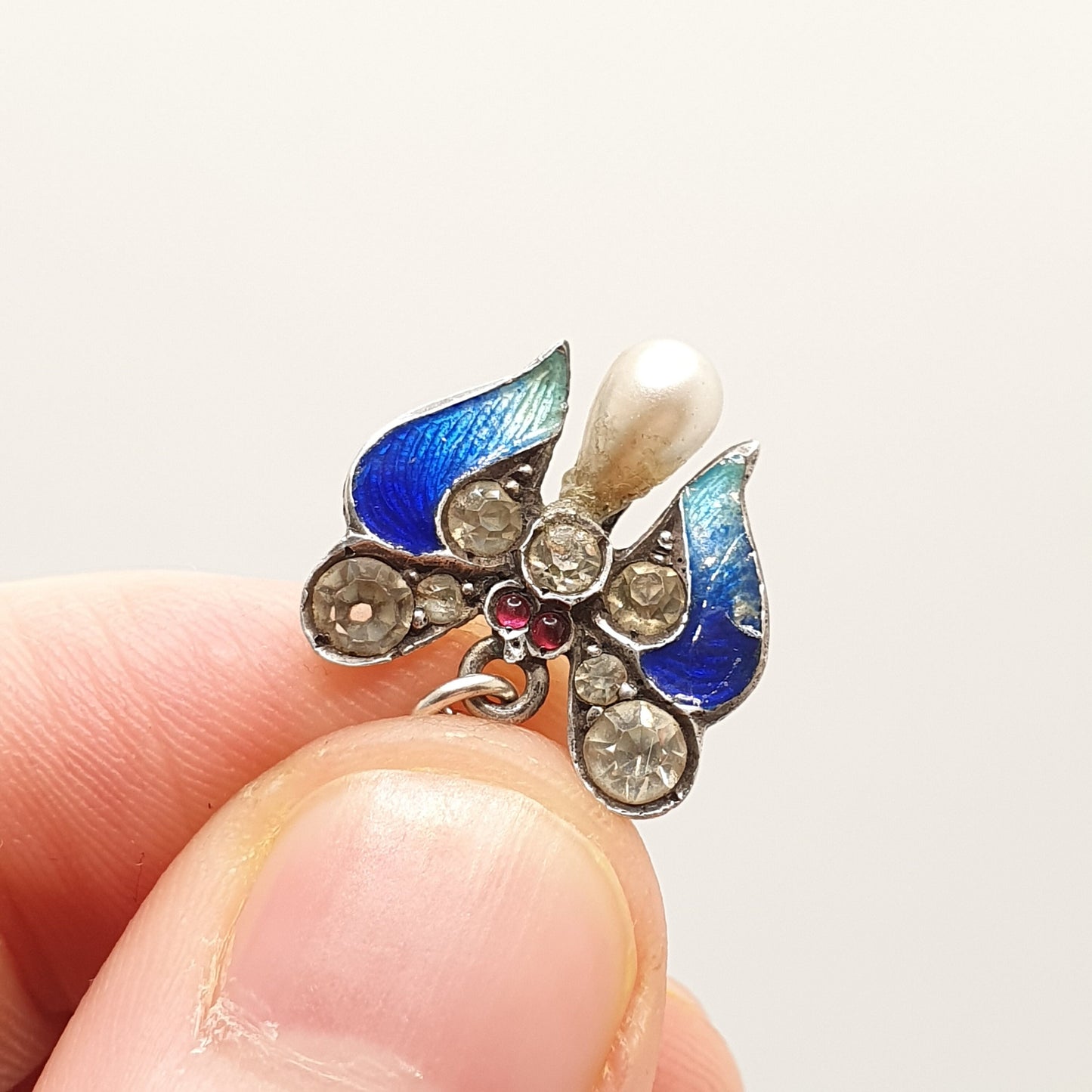 Antique Sterling Silver Enamel Butterfly Pendant Art Nouveau Necklace Ruby Diamond Paste Insect Bug Fly Vintage Womens Jewelry Jewellery