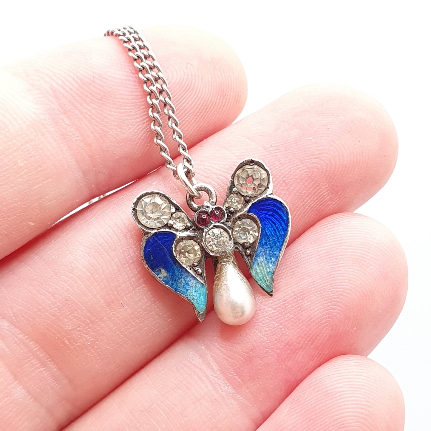 Antique Sterling Silver Enamel Butterfly Pendant Art Nouveau Necklace Ruby Diamond Paste Insect Bug Fly Vintage Womens Jewelry Jewellery